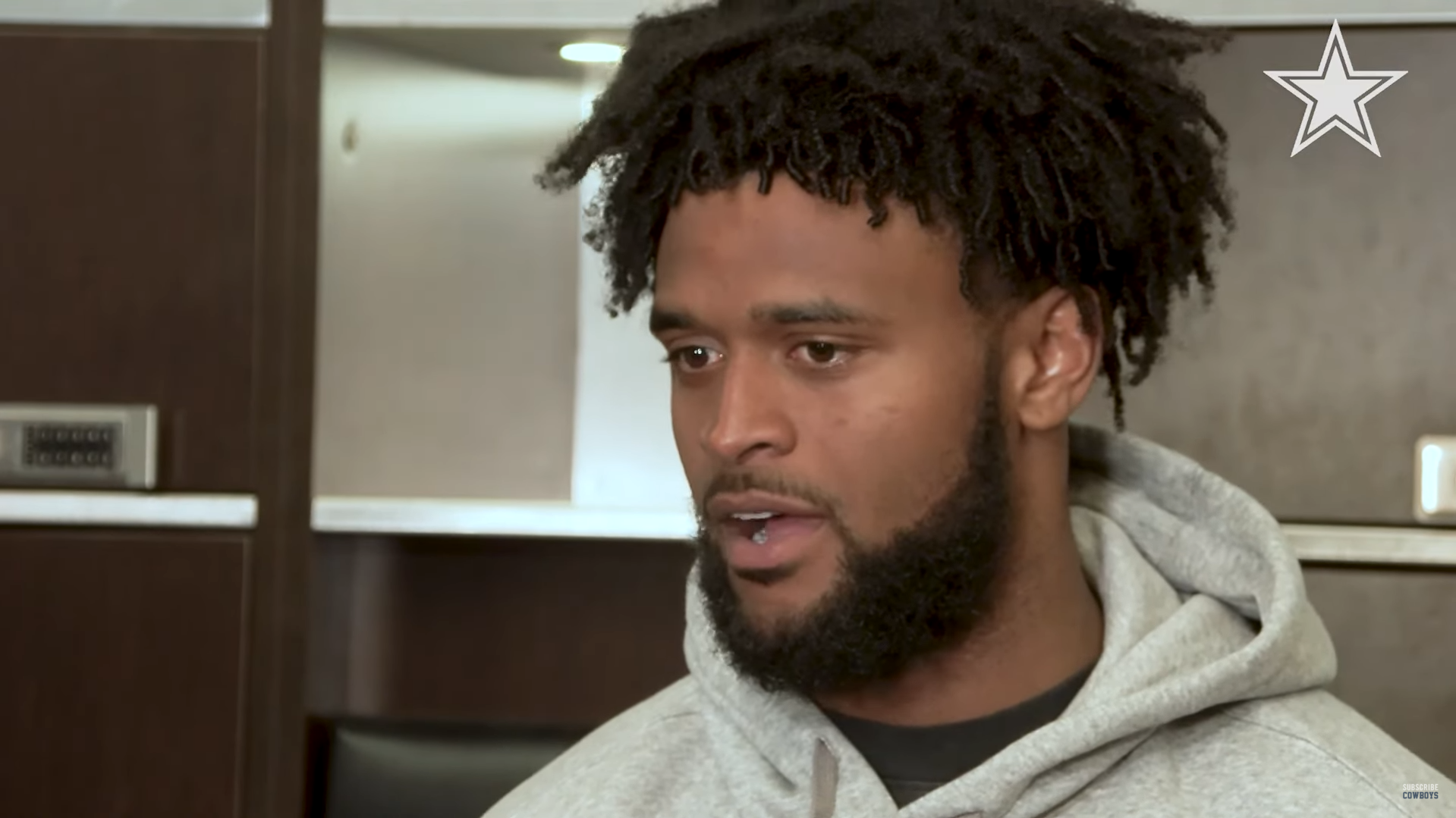 Dallas Cowboys WR Traeshon Holden talks to the media at rookie minicamp.