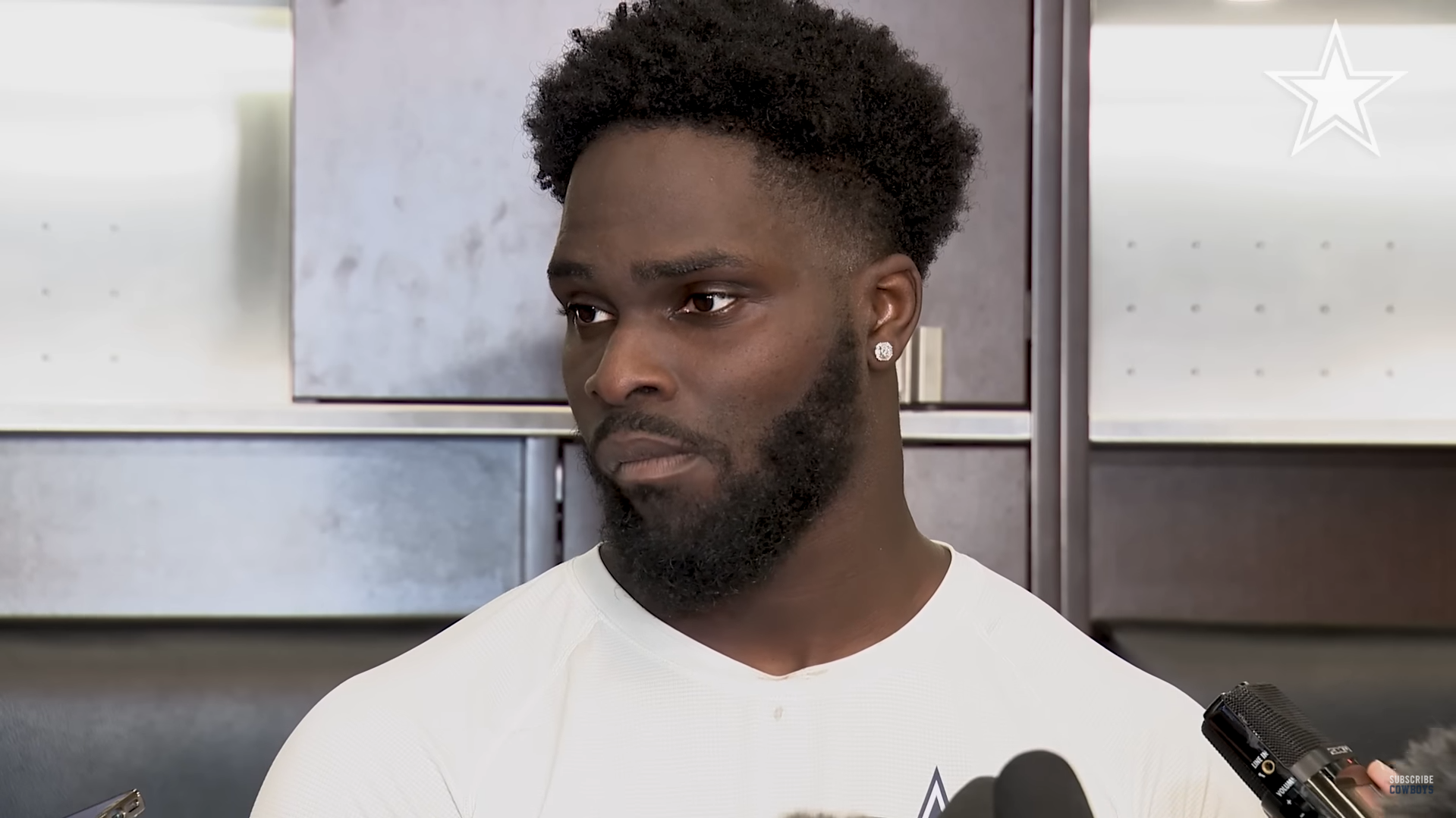 Dallas Cowboys RB Phil Mafah talks to reporters at rookie minicamp.