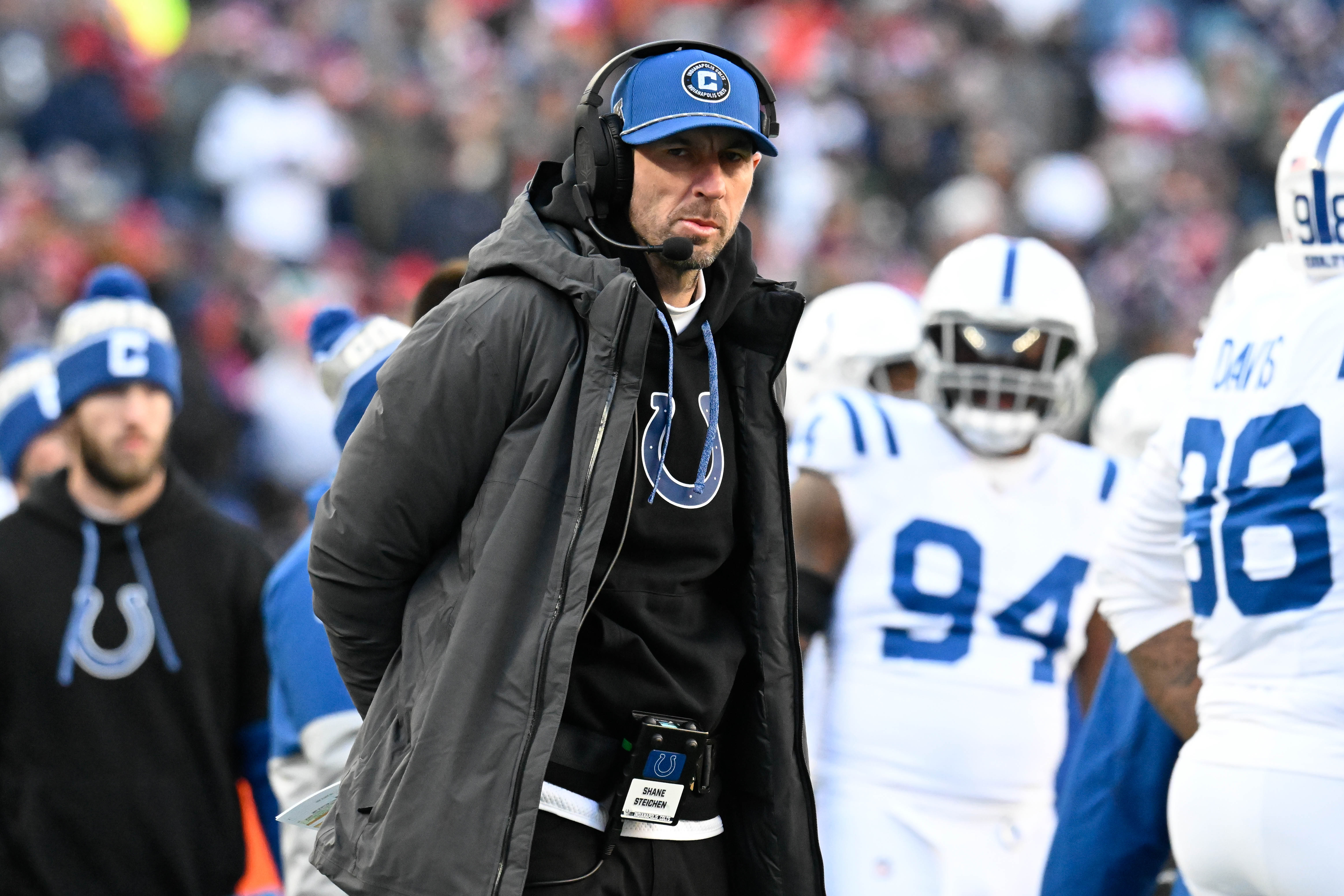 Dec 1, 2024; Foxborough, Massachusetts, USA; Indianapolis Colts head coach Shane Steichen looks on during the first half against the New England Patriots at Gillette Stadium.