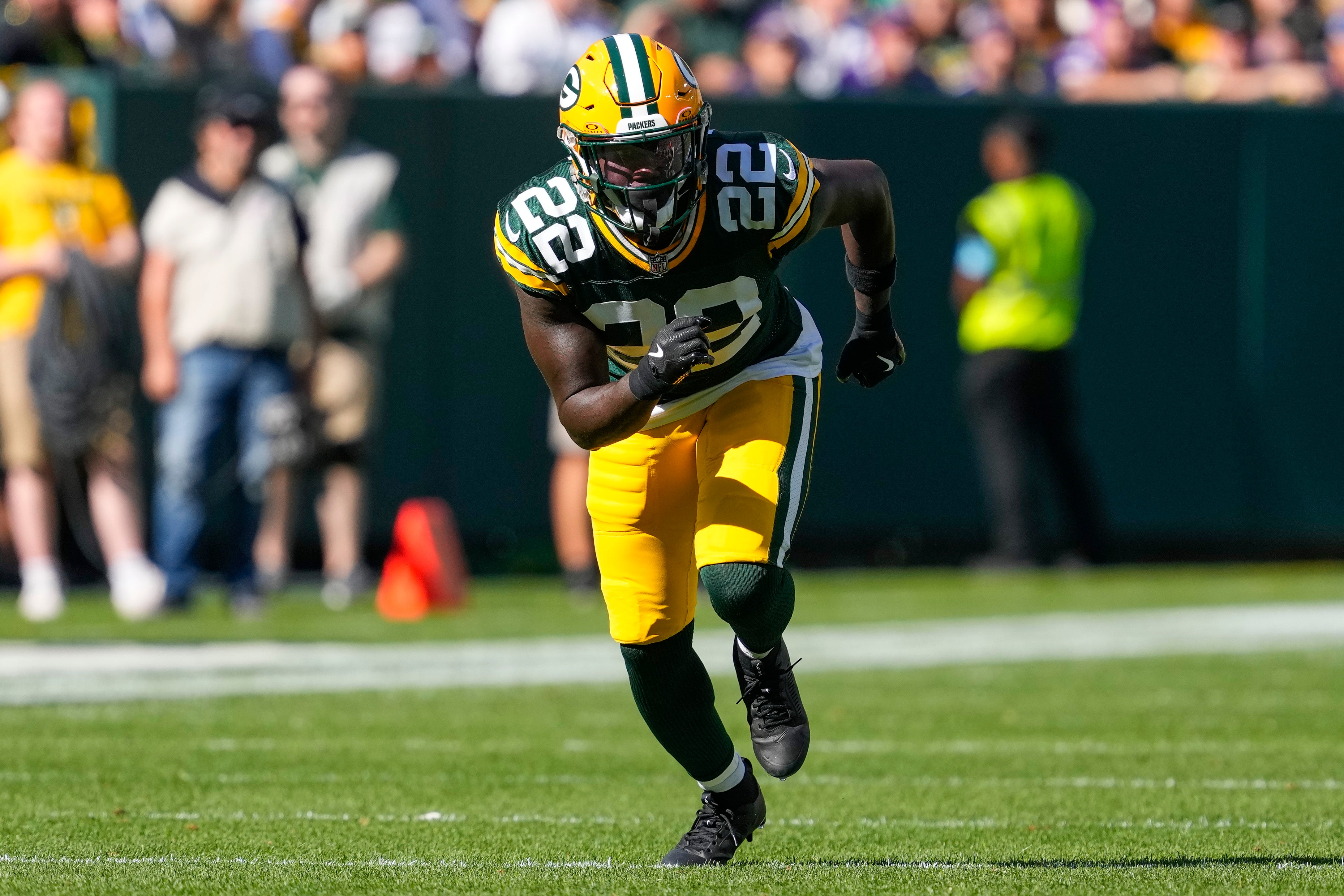 Sep 29, 2024; Green Bay, Wisconsin, USA; Green Bay Packers cornerback Robert Rochell (22) during the game against the Minnesota Vikings at Lambeau Field.