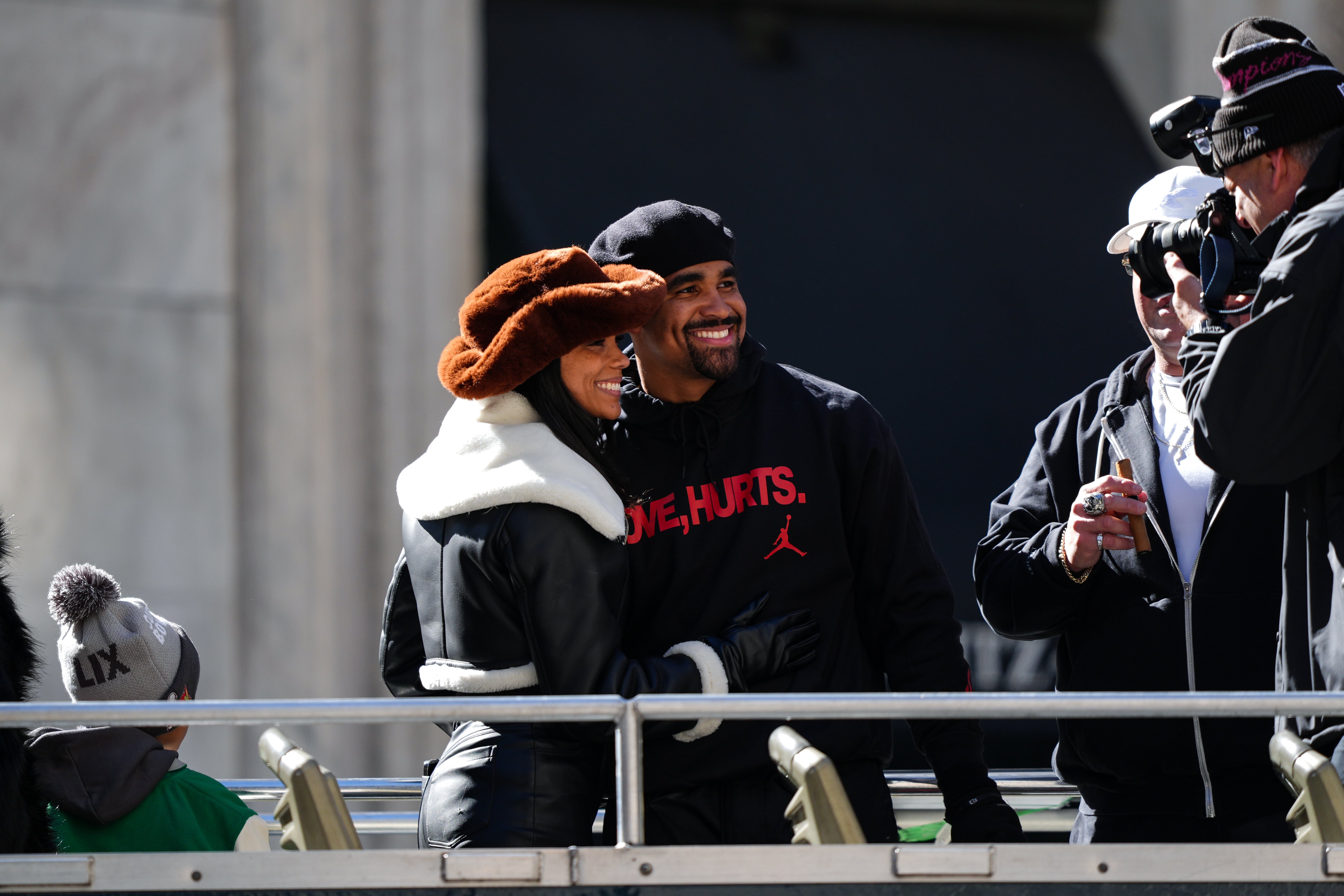 NFL: Super Bowl LIX Philadelphia Eagles Championship Parade Jalen Hurts (right) poses with Bry Burrows (left) during the Super Bowl LIX championship parade and rally.