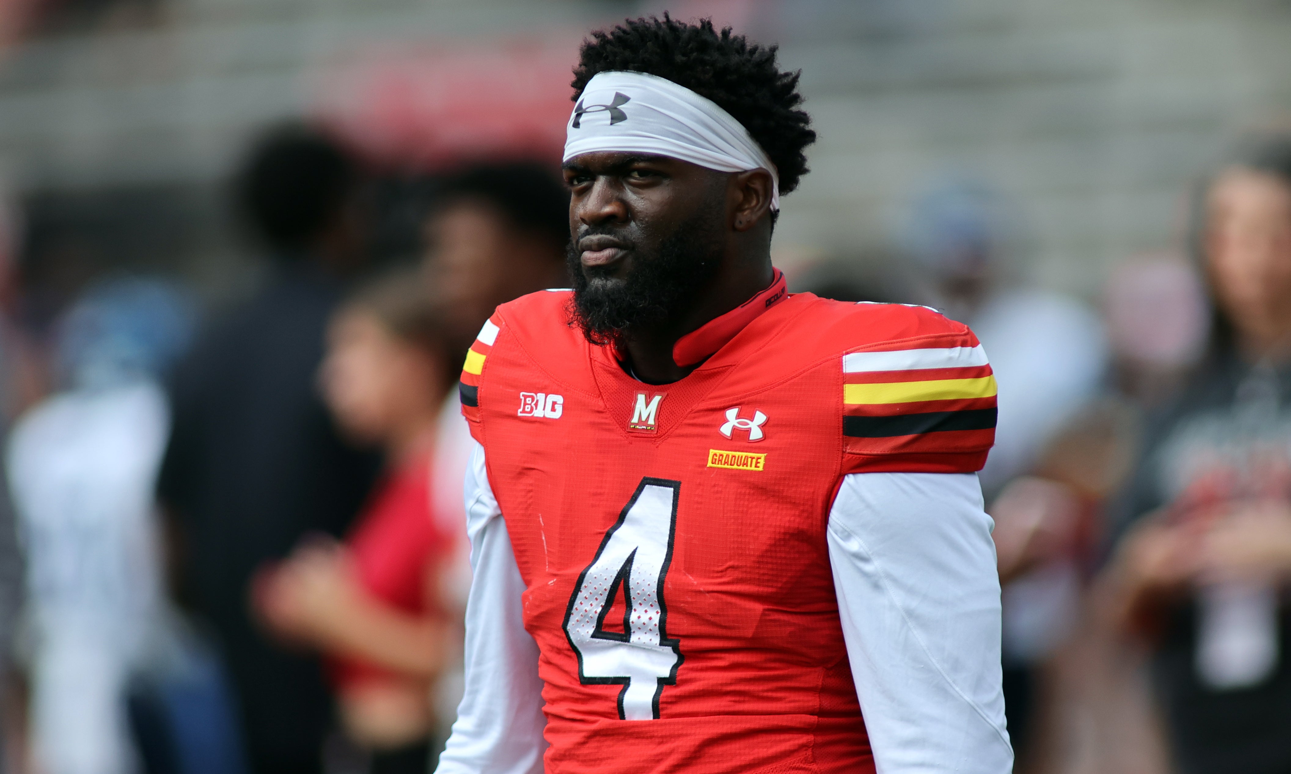 Sep 21, 2024; College Park, Maryland, USA; Maryland Terrapins linebacker Ruben Hyppolite II (4) pictured before a game against the Villanova Wildcats at SECU Stadium.