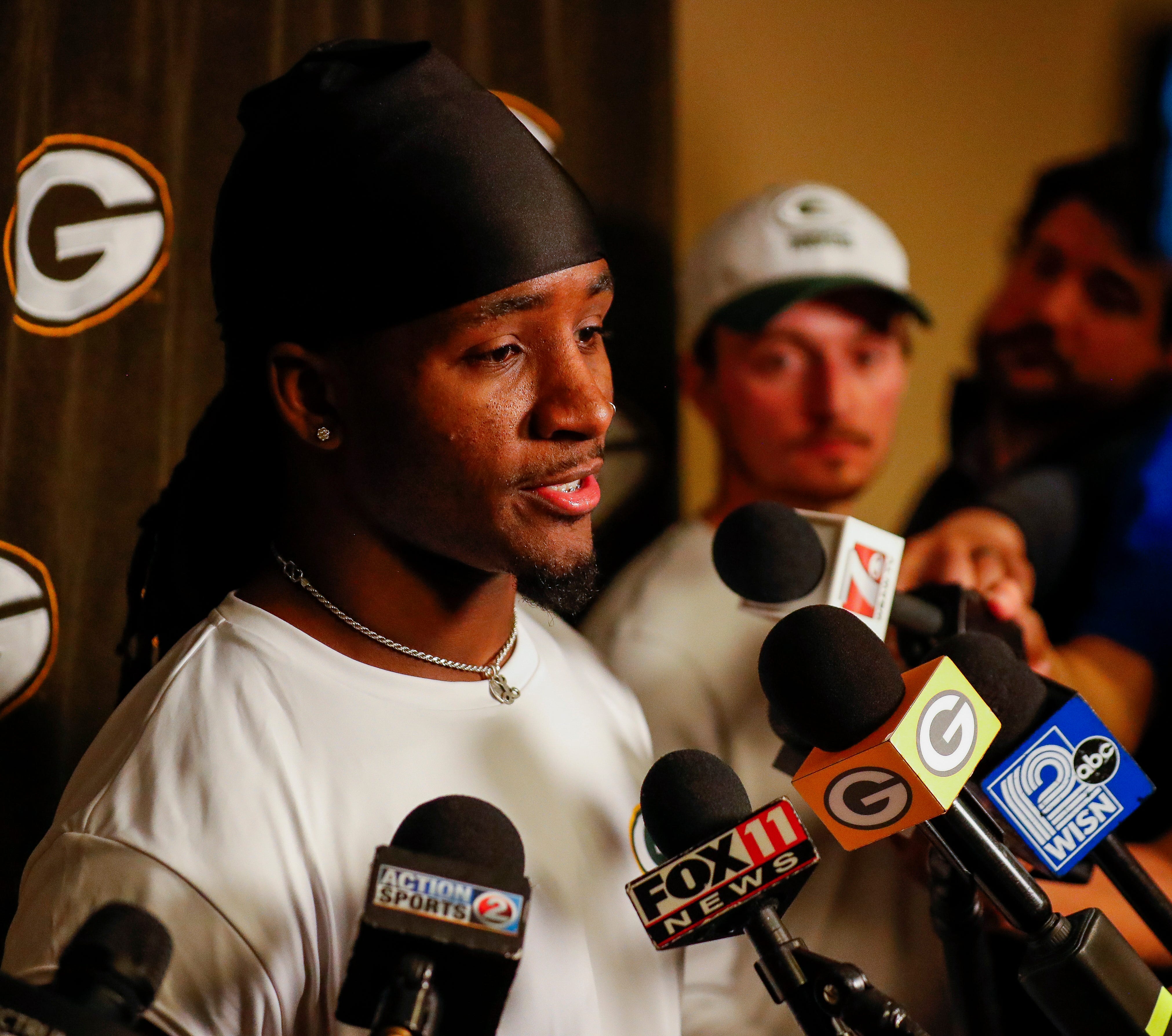 Green Bay Packers rookie wide receiver Savion Williams is interviewed by the media during rookie minicamp on Friday, May 2, 2025, at Lambeau Field in Green Bay, Wisconsin. The Packers selected Williams with their third round pick in the 2025 NFL Draft.