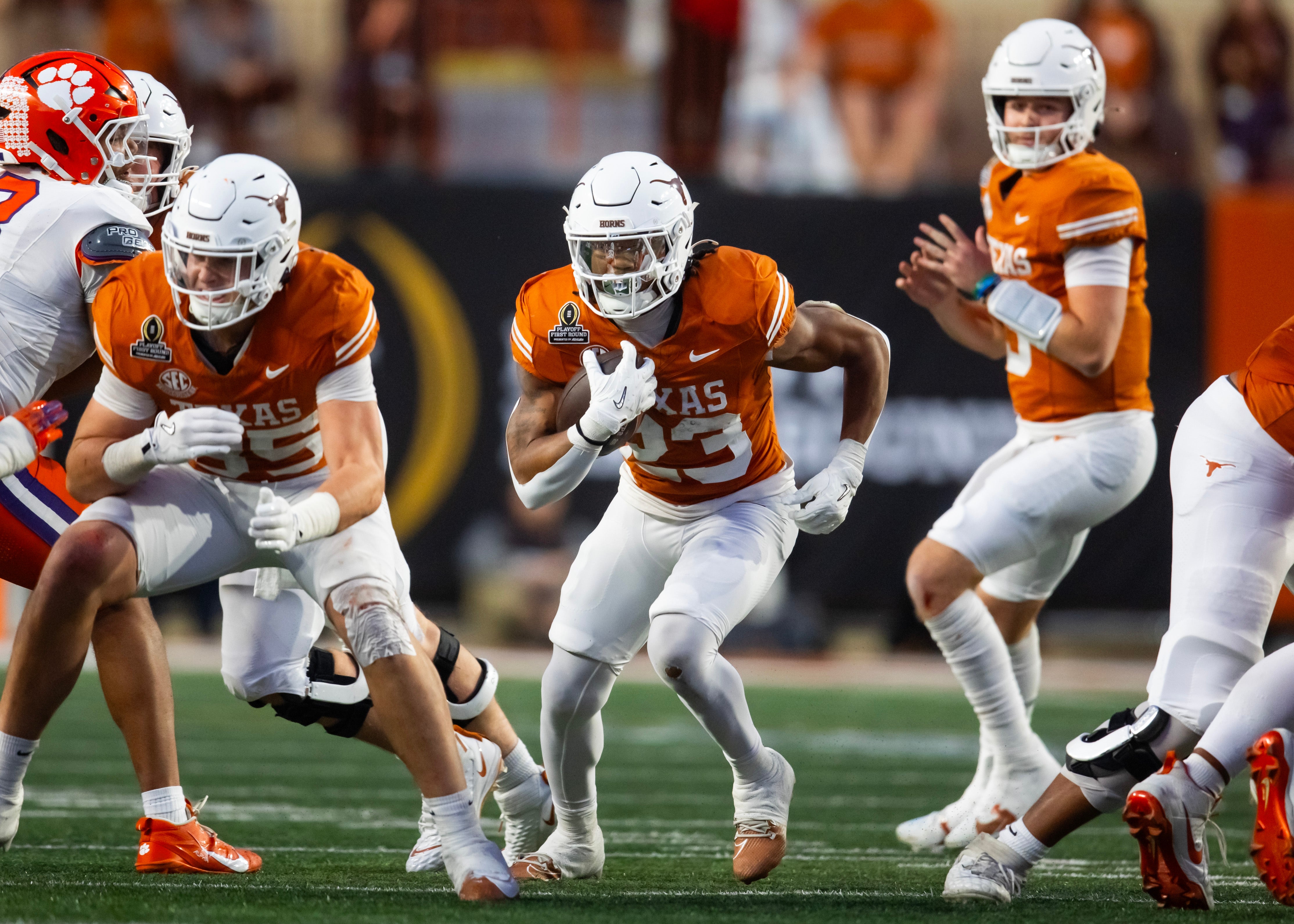 Texas Longhorns running back Jaydon Blue (23) against the Clemson Tigers during the CFP National playoff first round at Darrell K Royal-Texas Memorial Stadium.