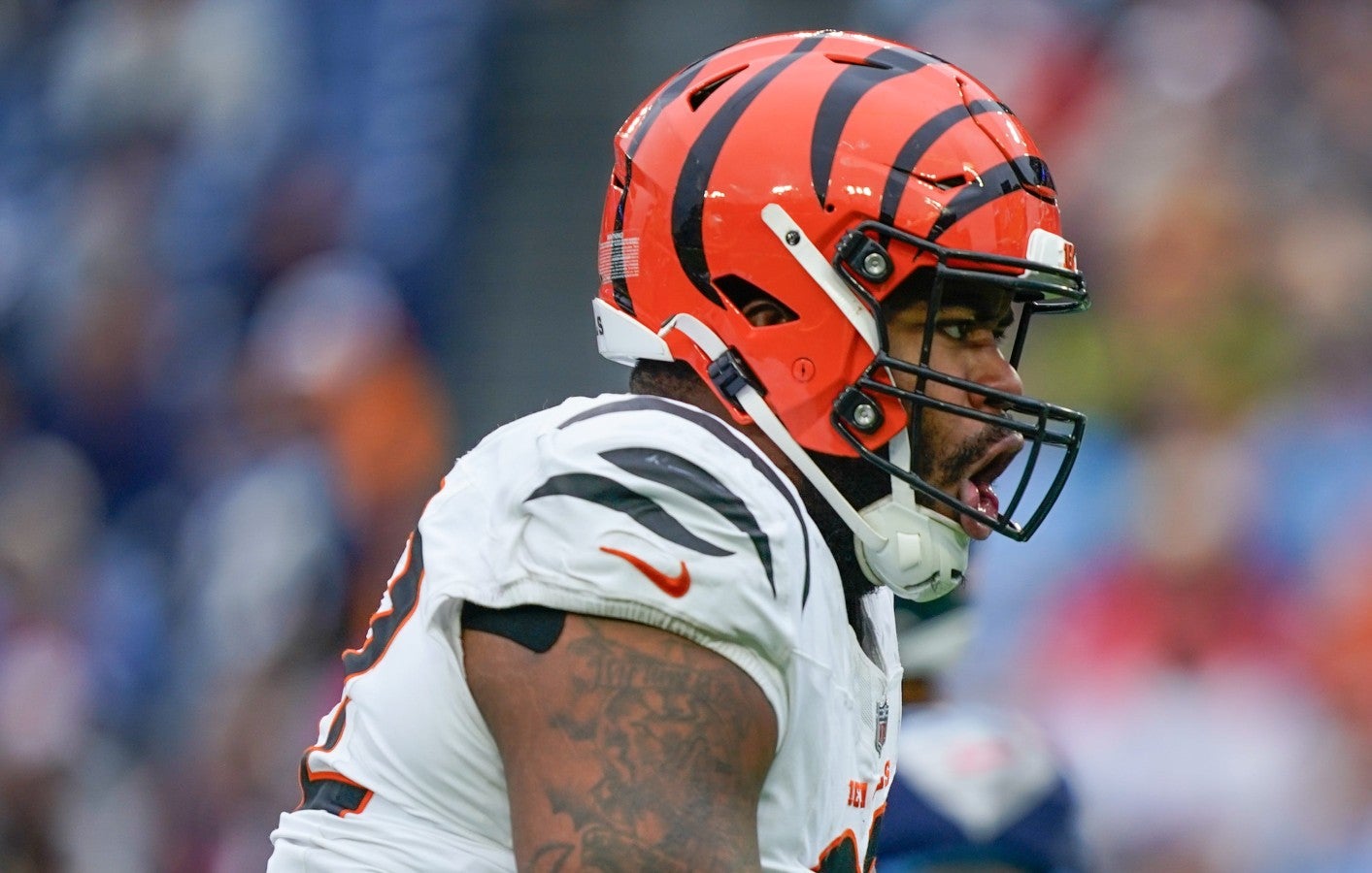 Cincinnati Bengals defensive tackle B.J. Hill (92) celebrates his sack of Tennessee Titans quarterback Will Levis (8) during the third quarter at Nissan Stadium in Nashville, Tenn., Sunday, Dec. 15, 2024.  