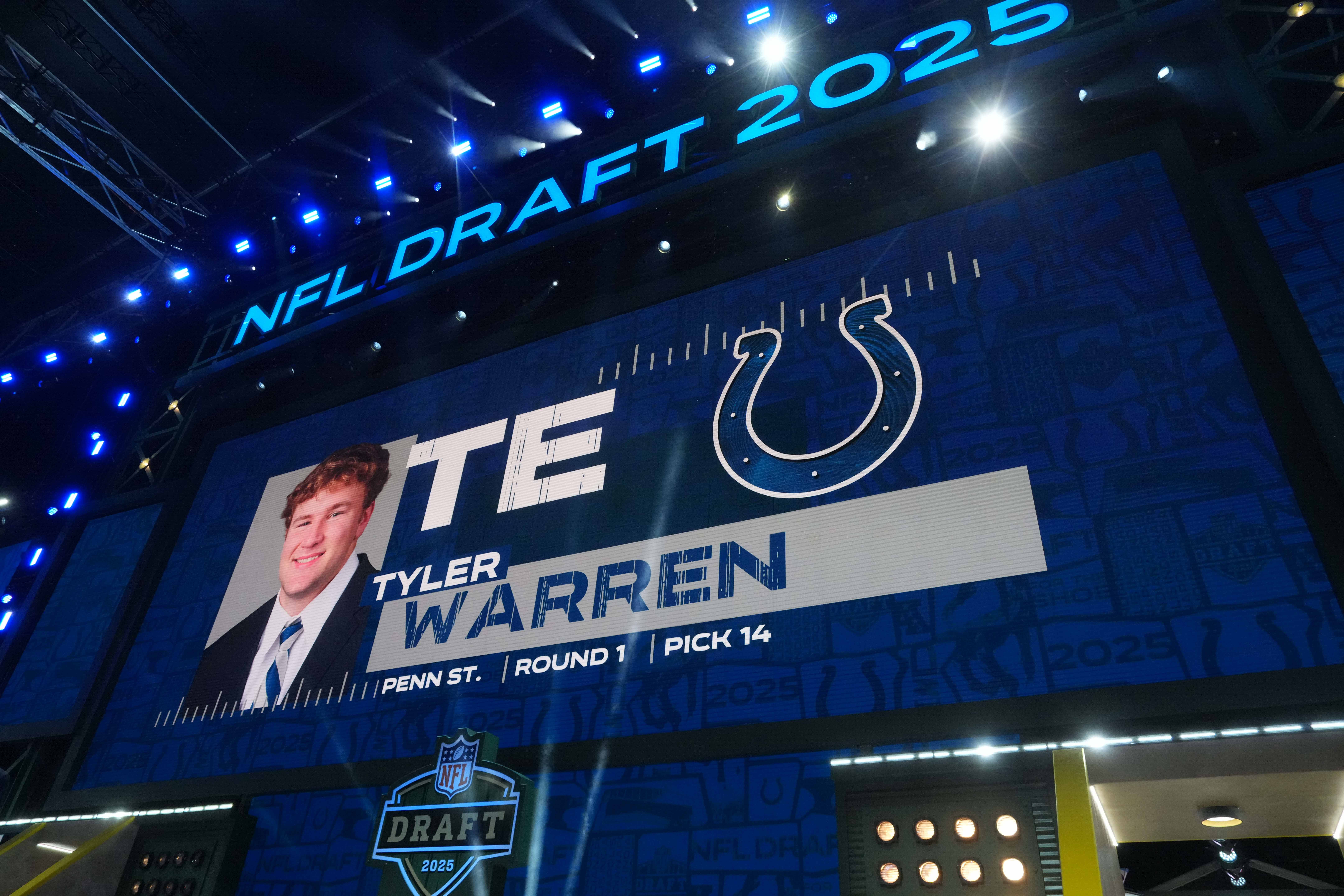 Apr 24, 2025; Green Bay, WI, USA; Penn State Nittany Lions tight end Tyler Warren is selected as the No. 14 pick by the Indianapolis Colts during the NFL Draft at Lambeau Field.
