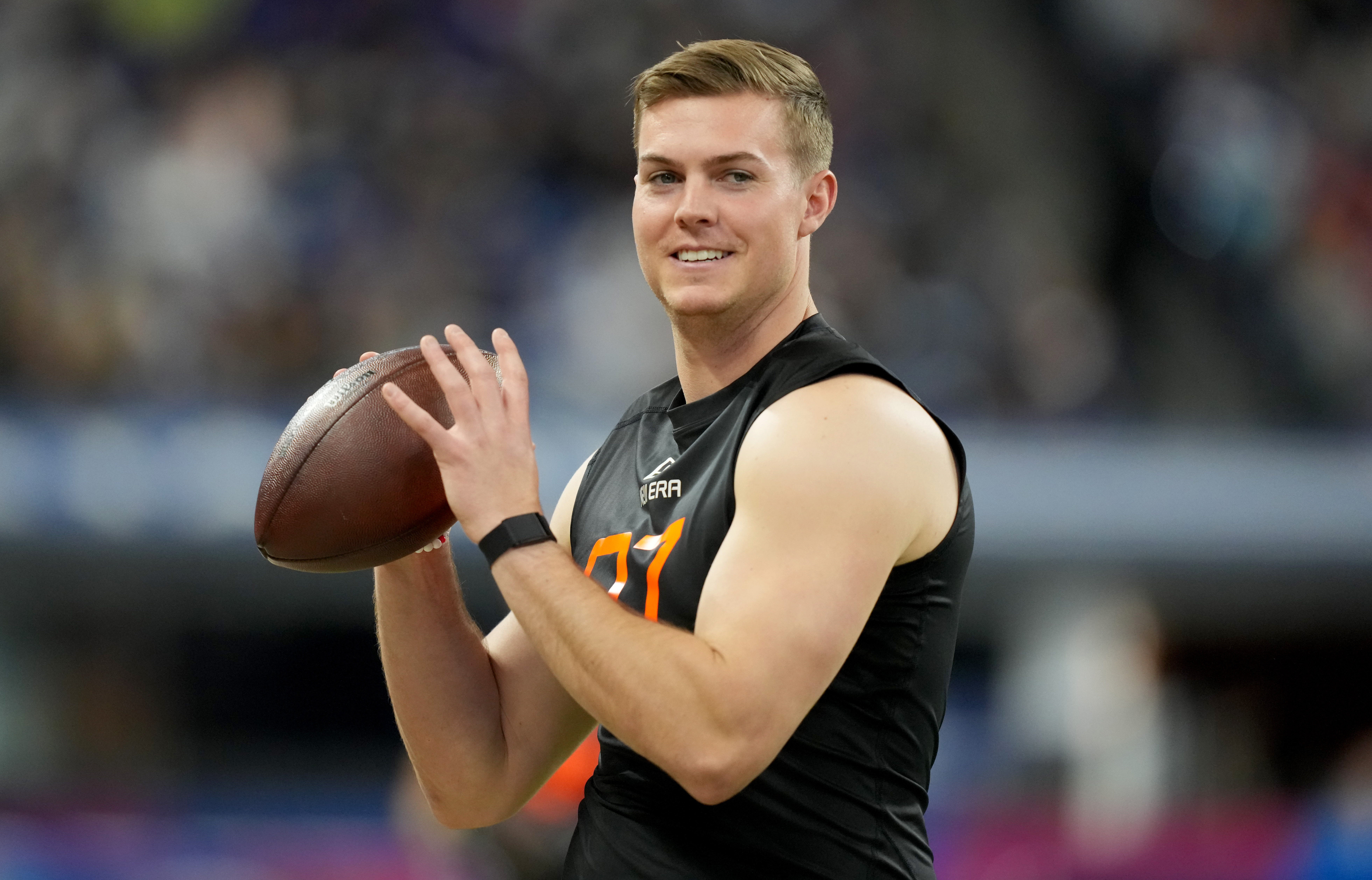 Mar 1, 2025; Indianapolis, IN, USA; Ohio State quarterback Will Howard (QB07) during the 2025 NFL Combine at Lucas Oil Stadium.