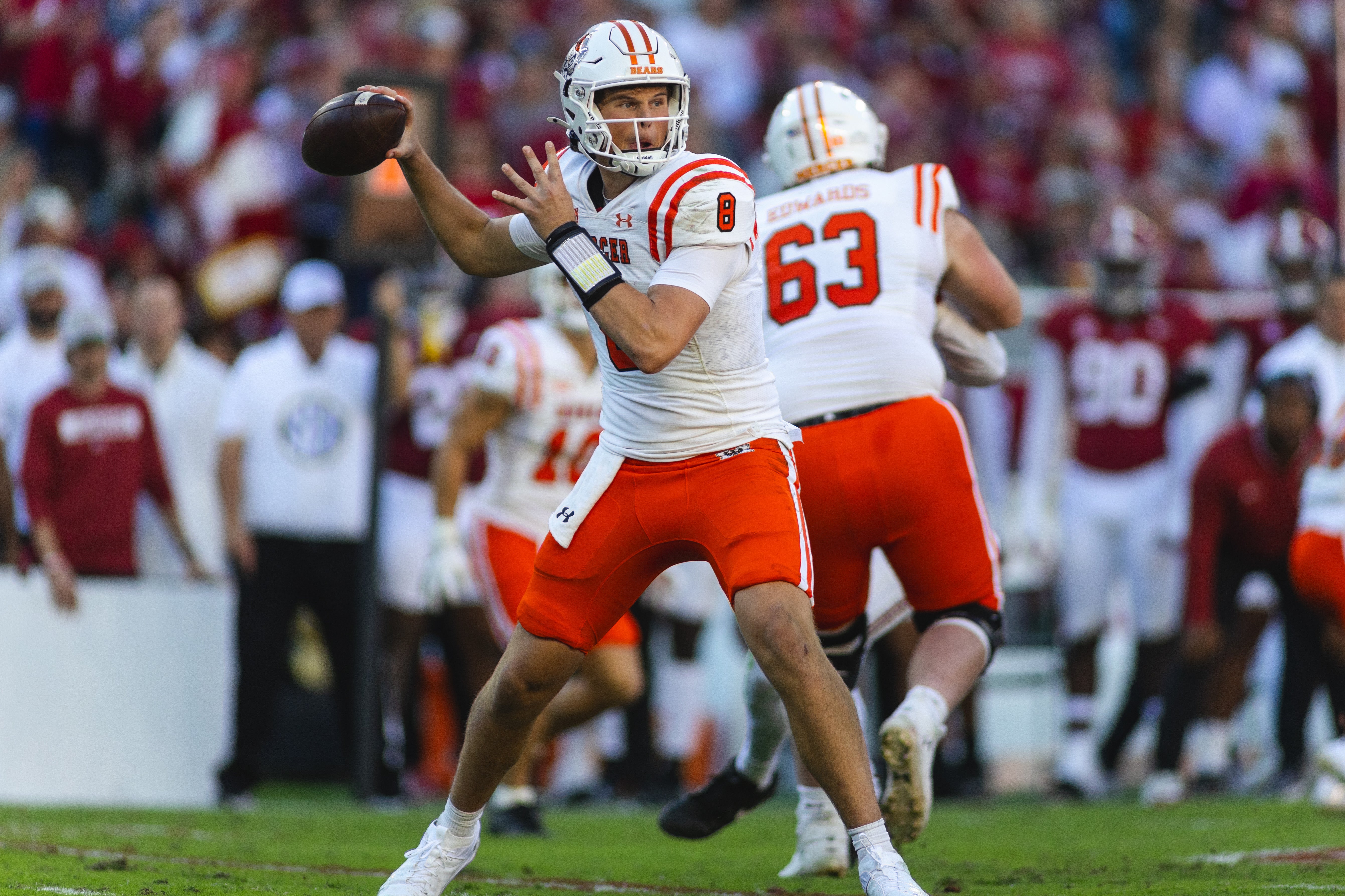 Nov 16, 2024; Tuscaloosa, Alabama, USA; Mercer Bears quarterback Whitt Newbauer (8) prepares to throw against the Alabama Crimson Tide during the third quarter at Bryant-Denny Stadium.