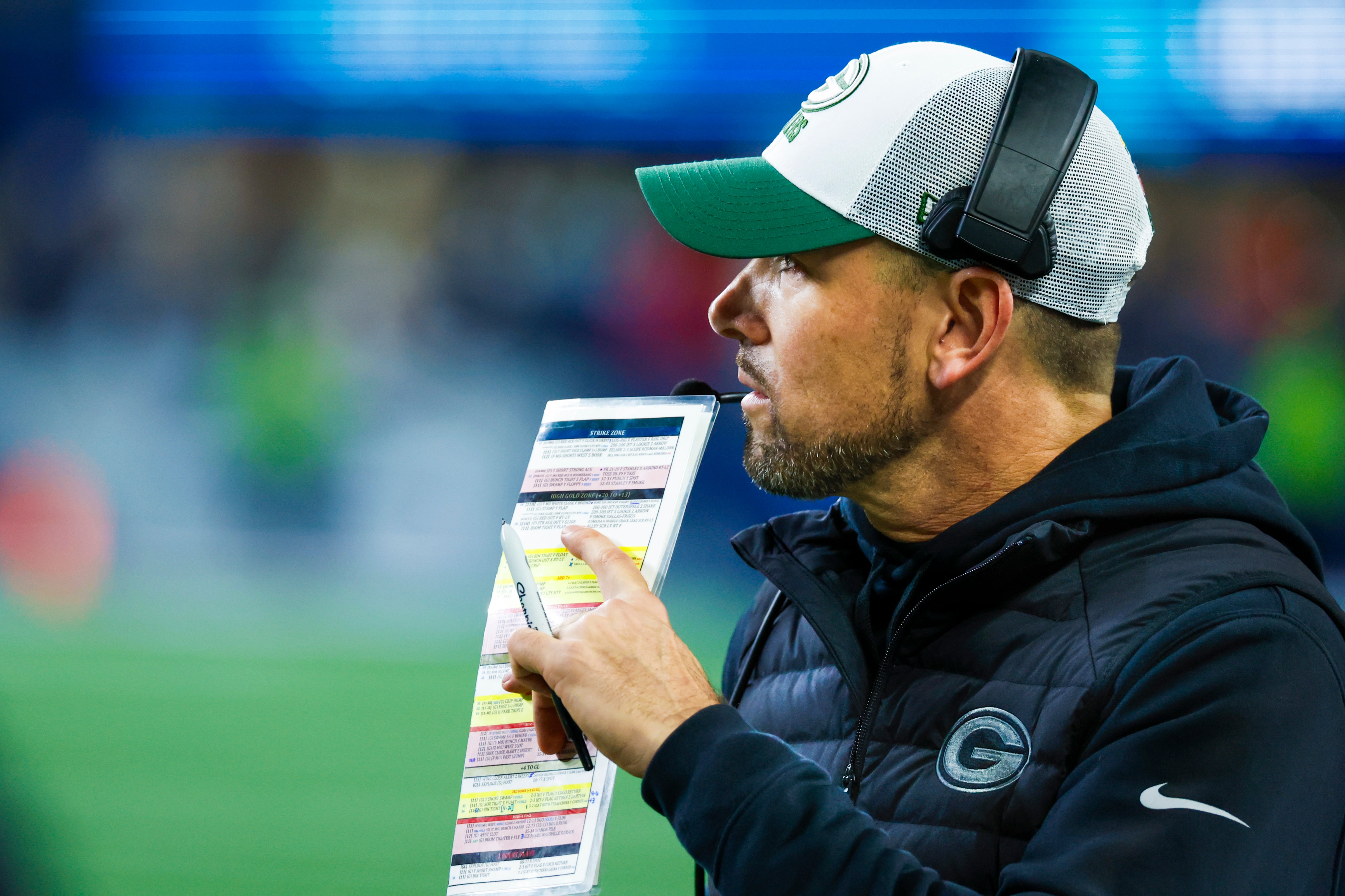 Green Bay Packers head coach Matt LaFleur stands on the sideline during the fourth quarter at Lumen Field.