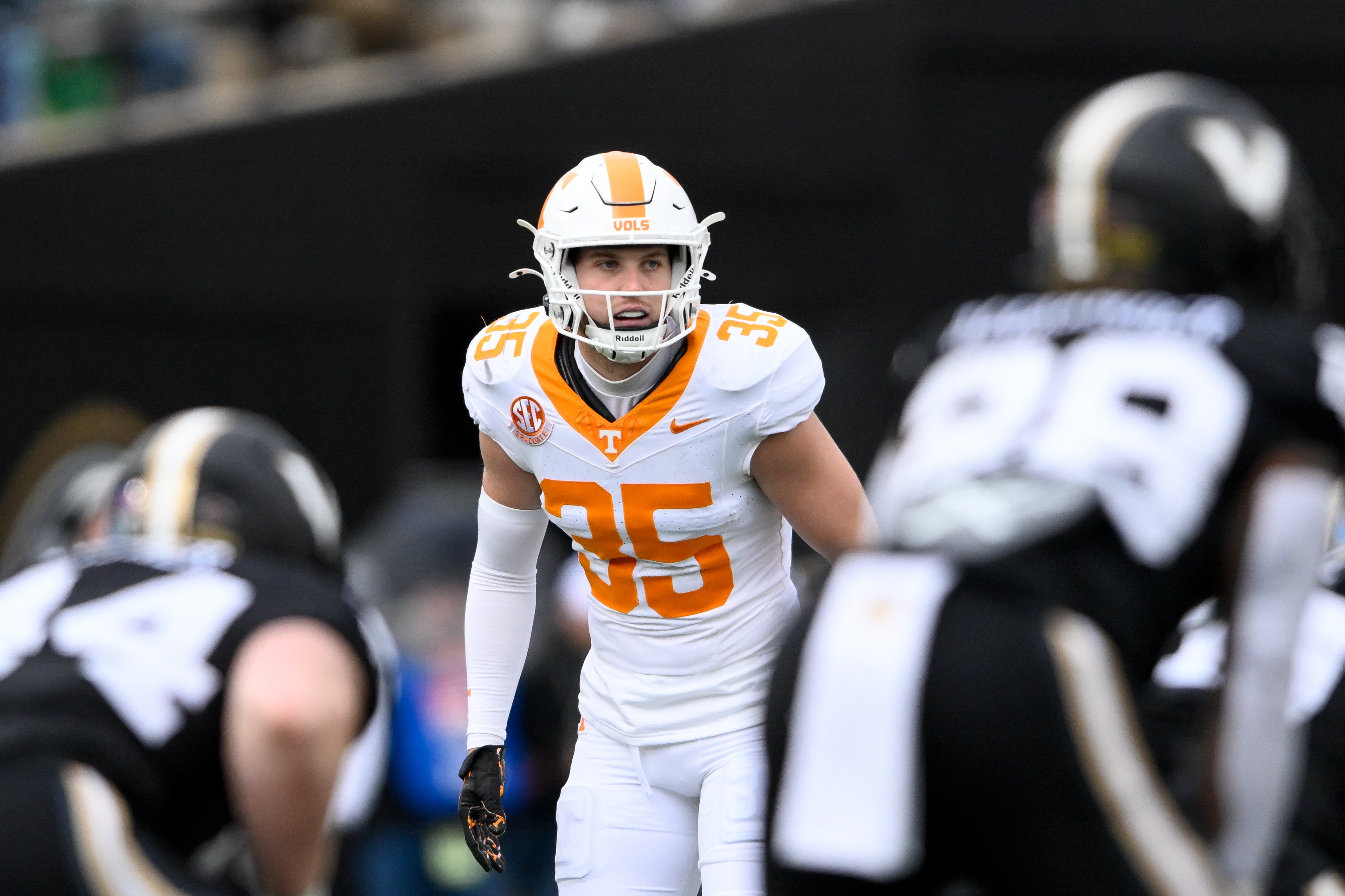 Nov 30, 2024; Nashville, Tennessee, USA; Tennessee Volunteers defensive back Will Brooks (35) takes a peak into the backfield against the Vanderbilt Commodores during the first half at FirstBank Stadium.
