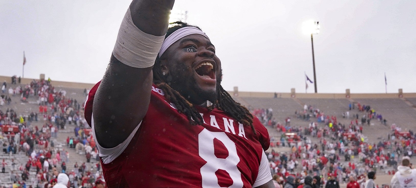 Sep 28, 2024; Bloomington, Indiana, USA; Indiana Hoosiers defensive lineman CJ West (8) celebrates after a game against the Maryland Terrapins at Memorial Stadium.