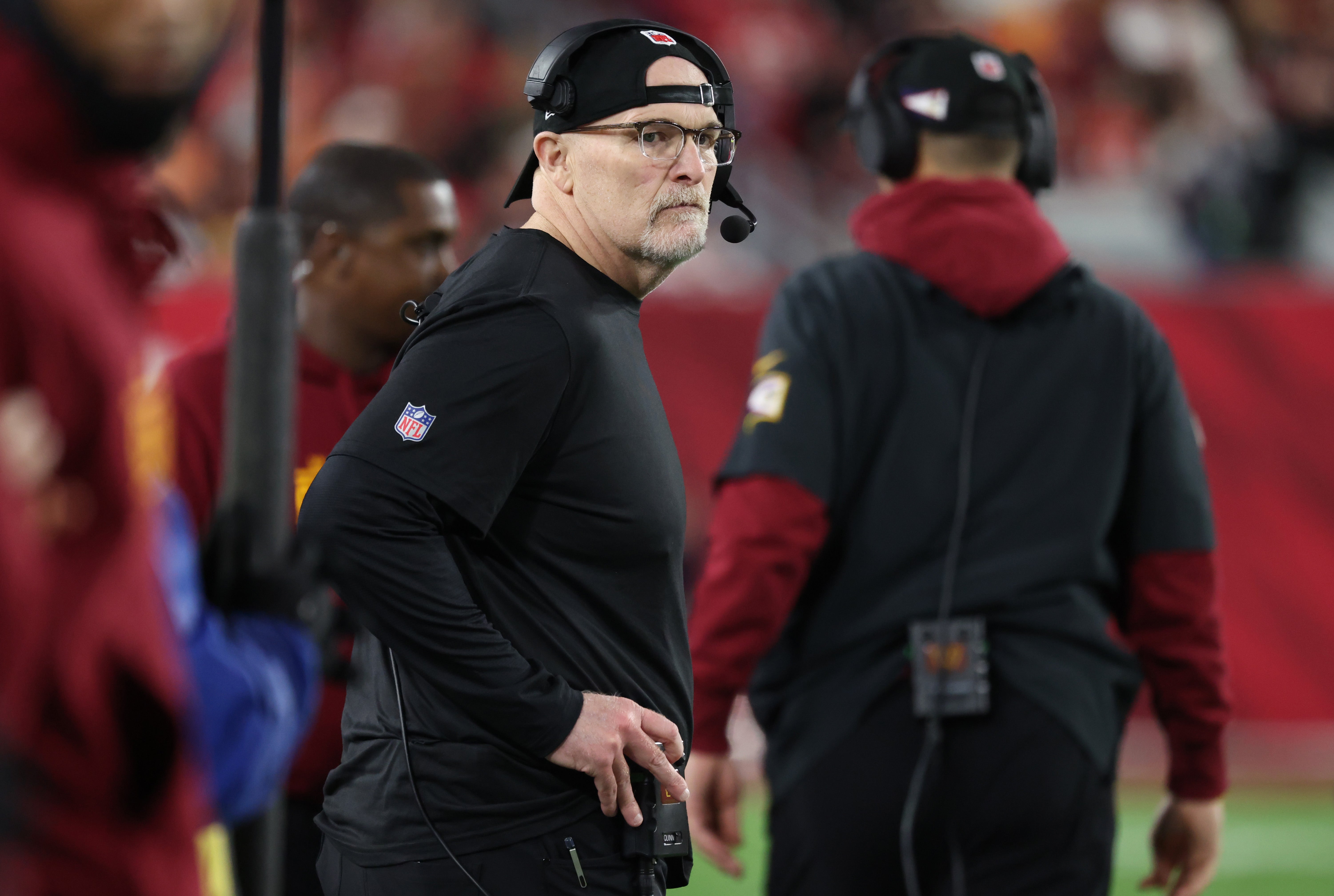 Jan 12, 2025; Tampa, Florida, USA; Washington Commanders head coach Dan Quinn during the fourth quarter of a NFC wild card playoff against the Tampa Bay Buccaneers at Raymond James Stadium.