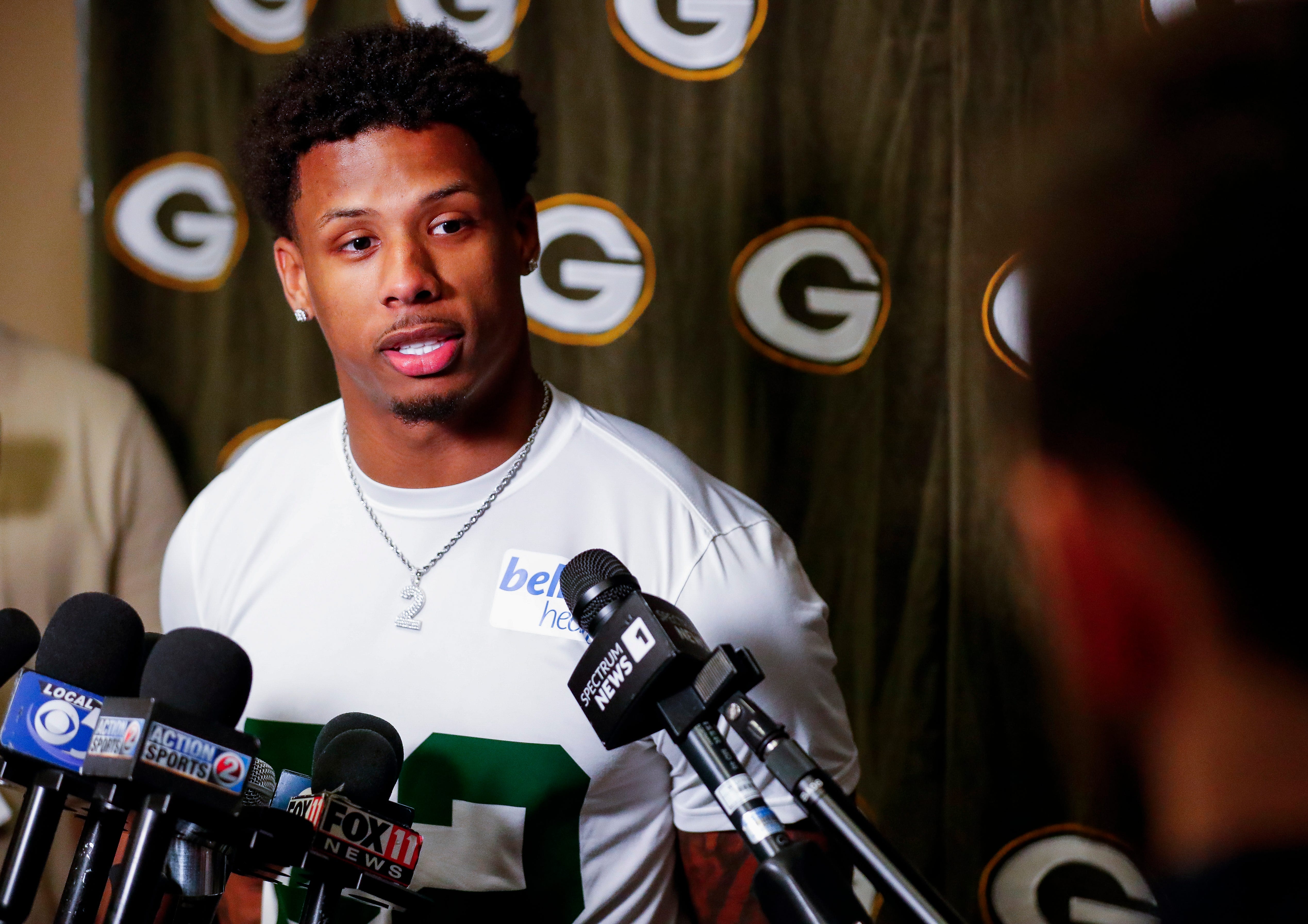 Green Bay Packers wide receiver Matthew Golden is interviewed by the media during rookie minicamp on Friday, May 2, 2025, at Lambeau Field in Green Bay, Wisconsin. The Packers selected Golden with their first round pick in the 2025 NFL Draft.
