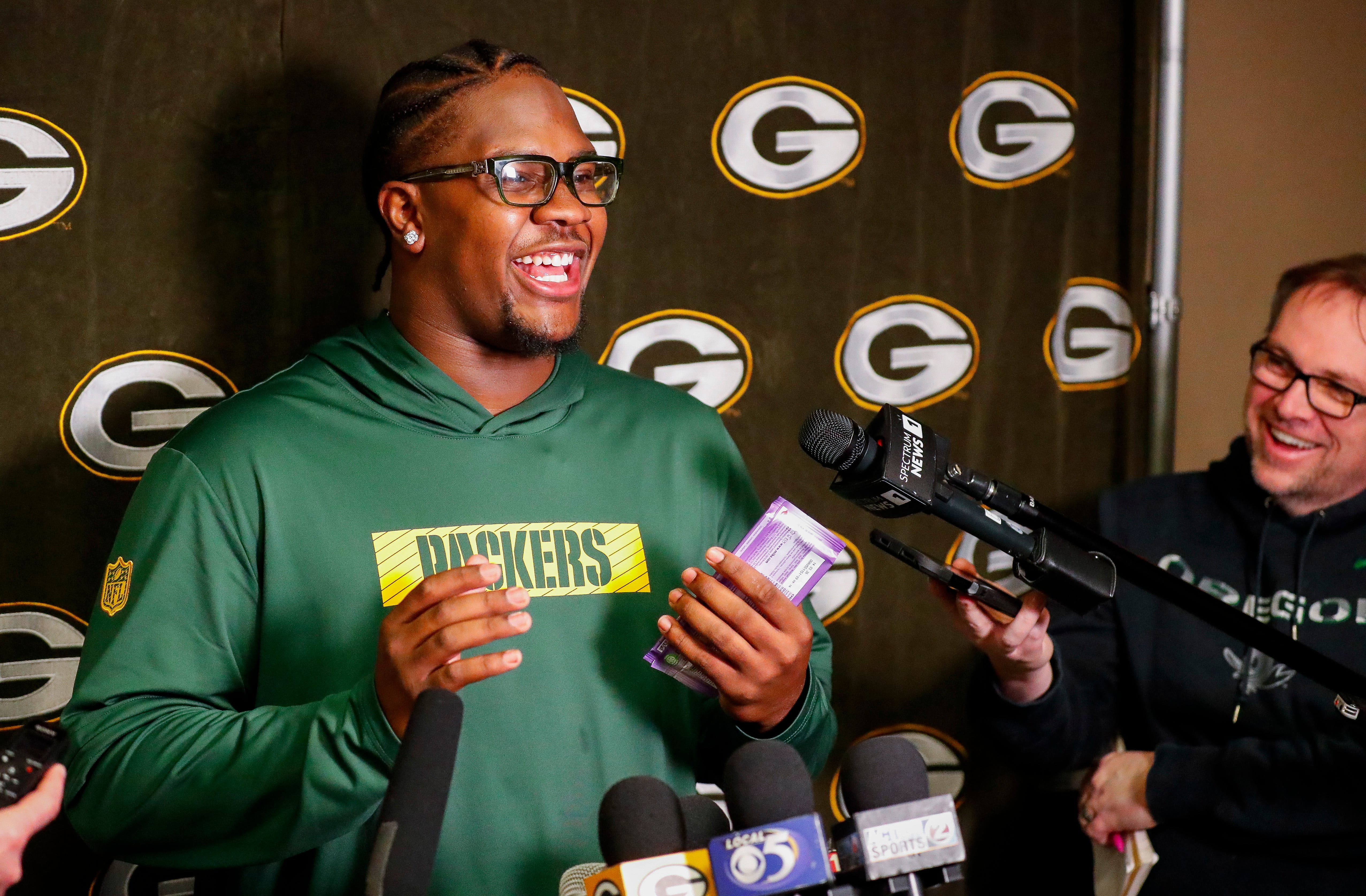 Green Bay Packers rookie defensive tackle Warren Brinson is interviewed by the media during rookie minicamp on Friday, May 2, 2025, at Lambeau Field in Green Bay, Wisconsin. The Packers selected Brinson with their sixth round pick in the 2025 NFL Draft.