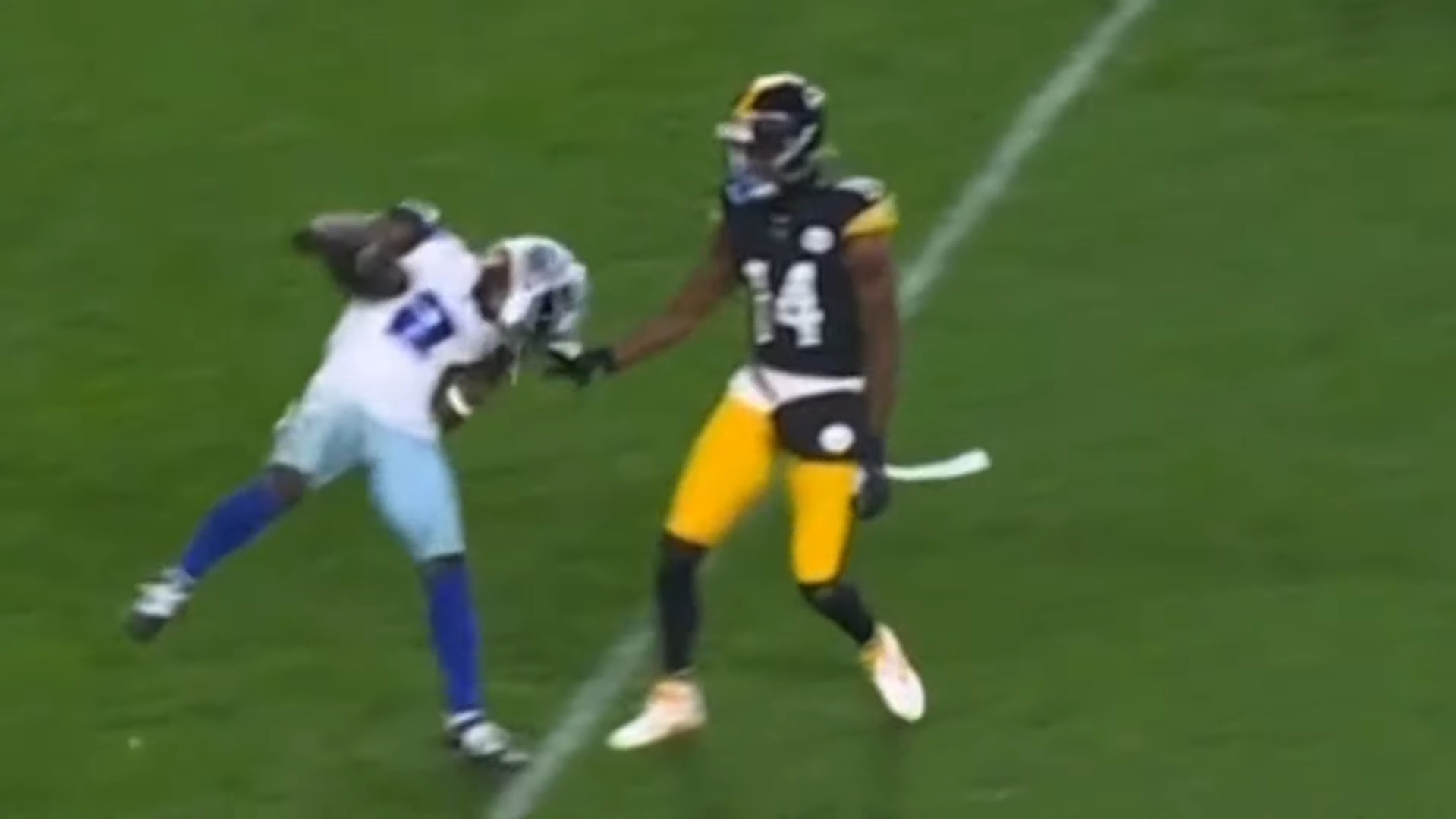 Now Dallas Cowboys WR George Pickens yanking the facemask of former Cowboys CB Jourdan Lewis