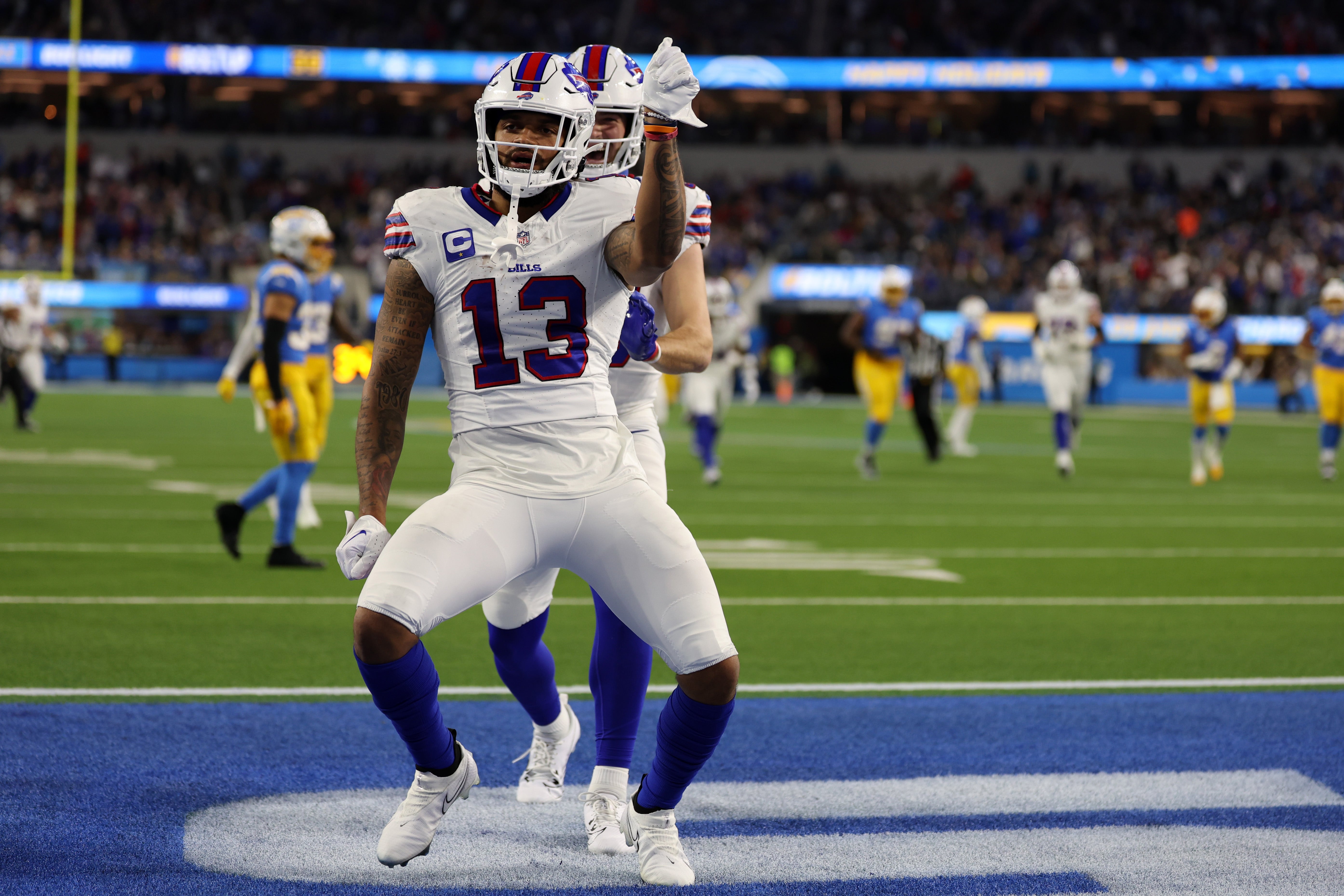 Buffalo Bills wide receiver Gabe Davis (13) celebrates after scoring a 57-yard touchdown during the second quarter against the Los Angeles Chargers