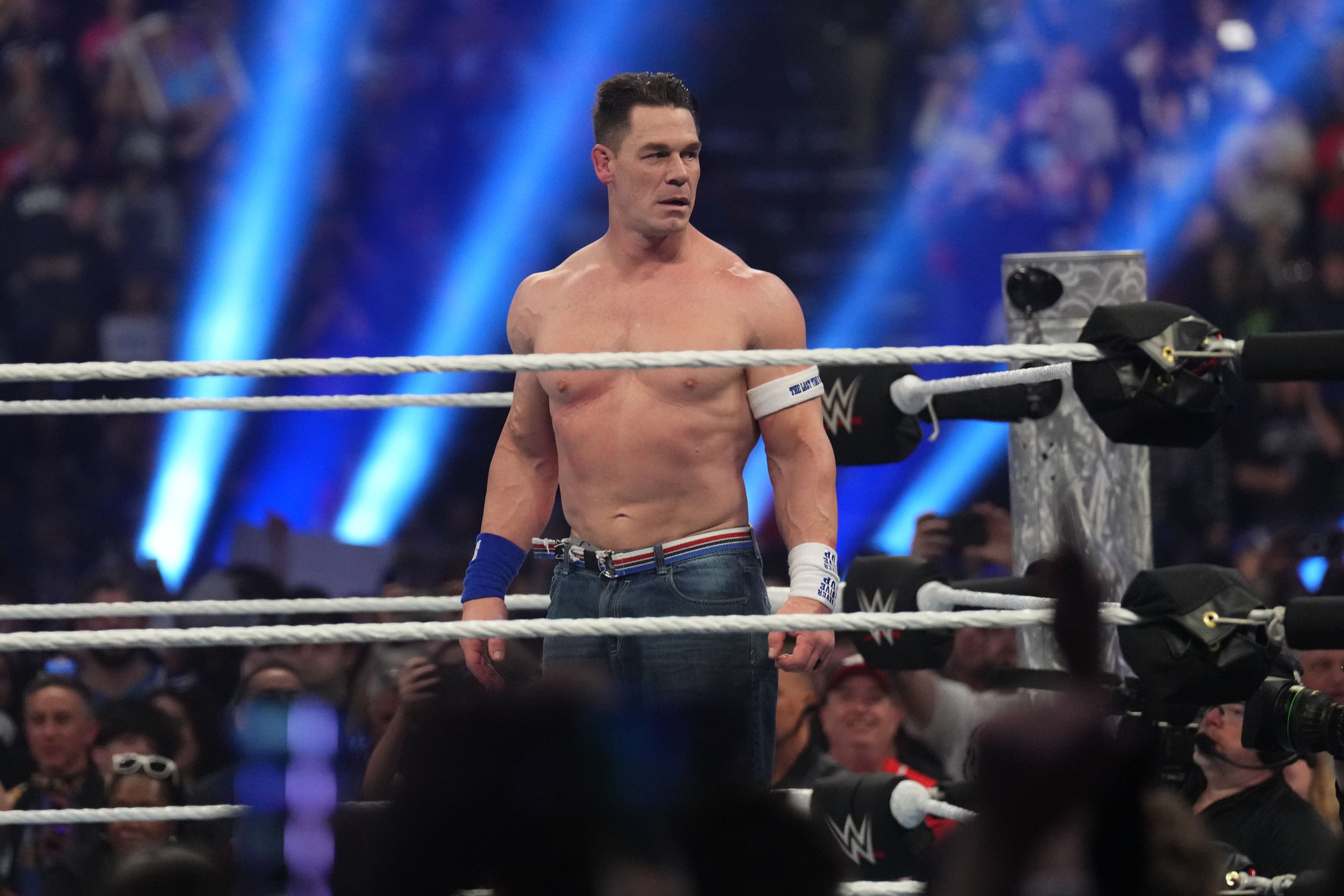 Feb 1, 2025; Indianapolis, IN, USA; John Cena during the Men’s Royal Rumble match during the WWE Royal Rumble at Lucas Oil Stadium.