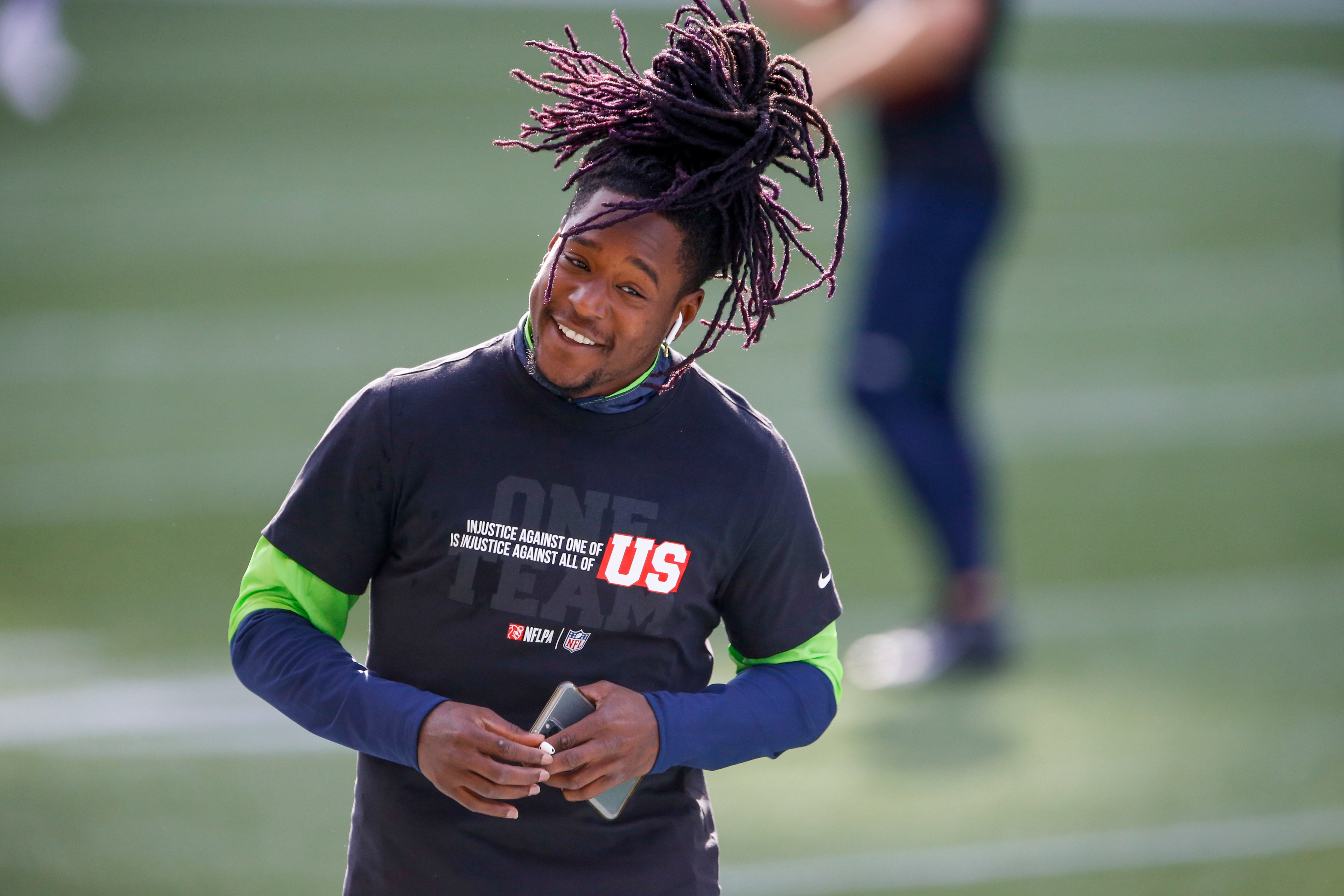 Seattle Seahawks cornerback Shaquill Griffin (26) participate in pregame warmups before a game against the New England Patriots at CenturyLink Field.