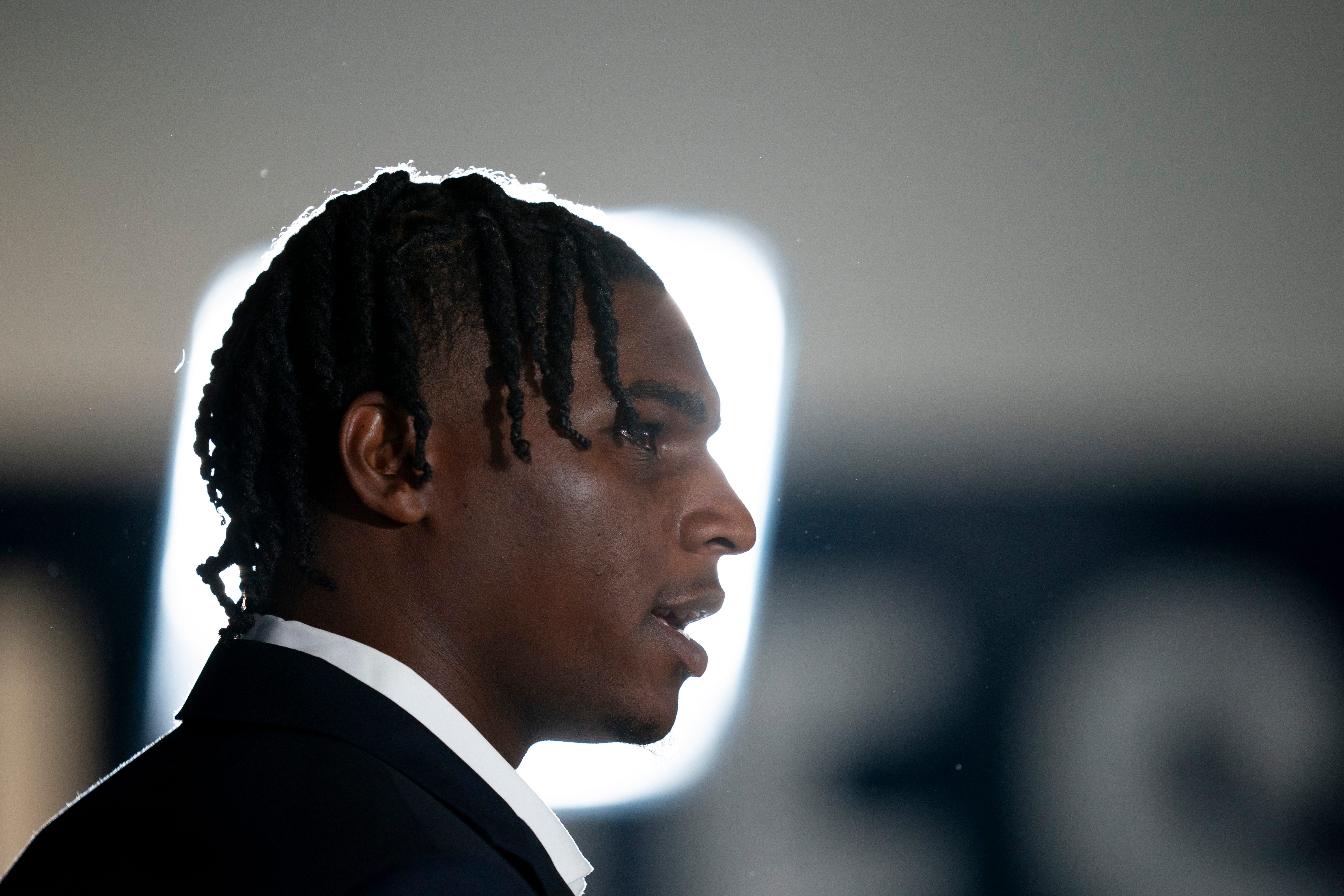 Cam Ward fields questions after being introduced as the Tennessee Titans first-round pick – and overall number one pick – in the NFL Draft at Ascension Saint Thomas Sports Park in Nashville, Tenn., Friday, April 25, 2025.