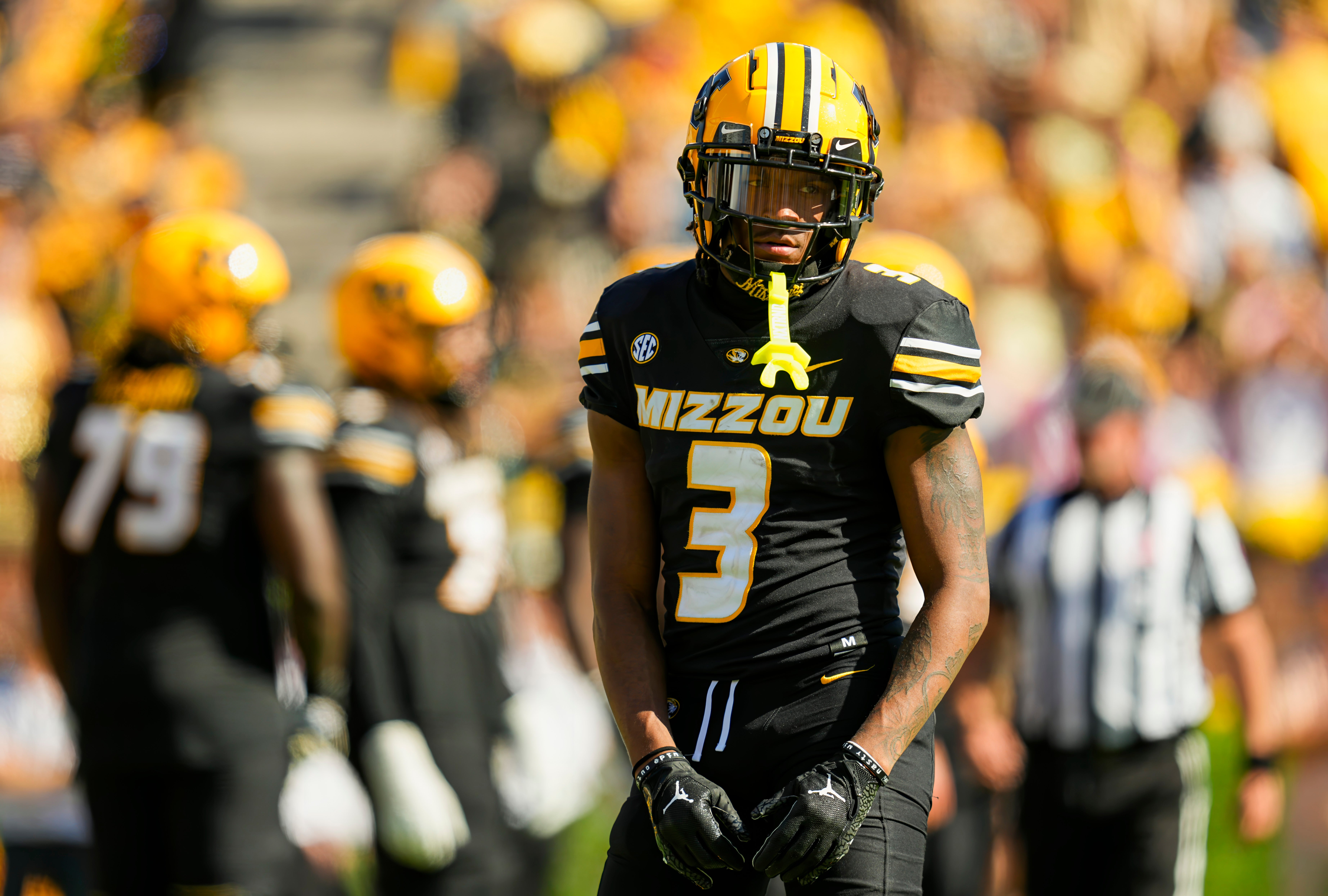 Oct 19, 2024; Columbia, Missouri, USA; Missouri Tigers wide receiver Luther Burden III (3) during the second half against the Auburn Tigers at Faurot Field at Memorial Stadium.