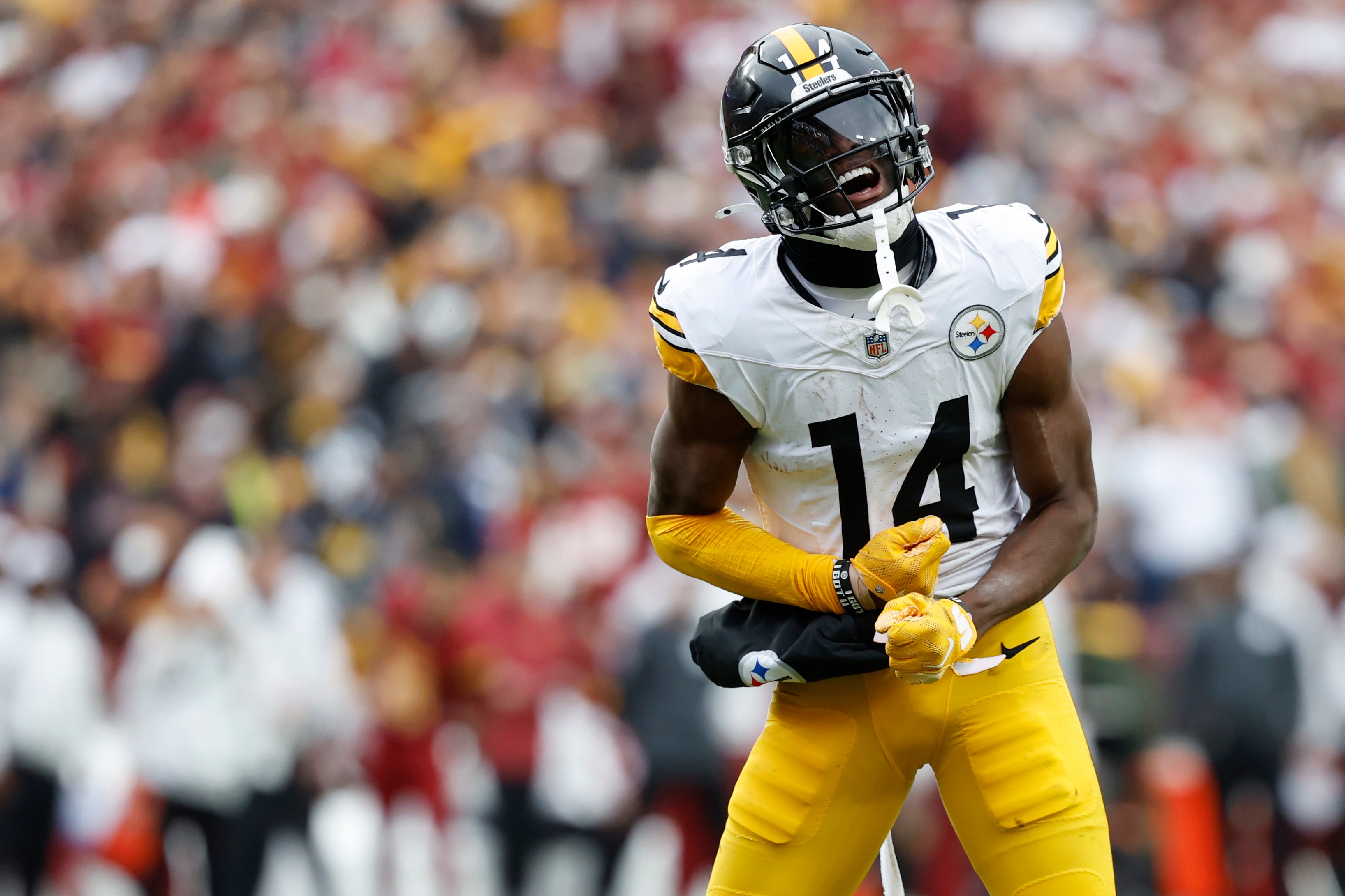 Pittsburgh Steelers wide receiver George Pickens (14) celebrates after making a catch against the Washington Commanders during the second half at Northwest Stadium.