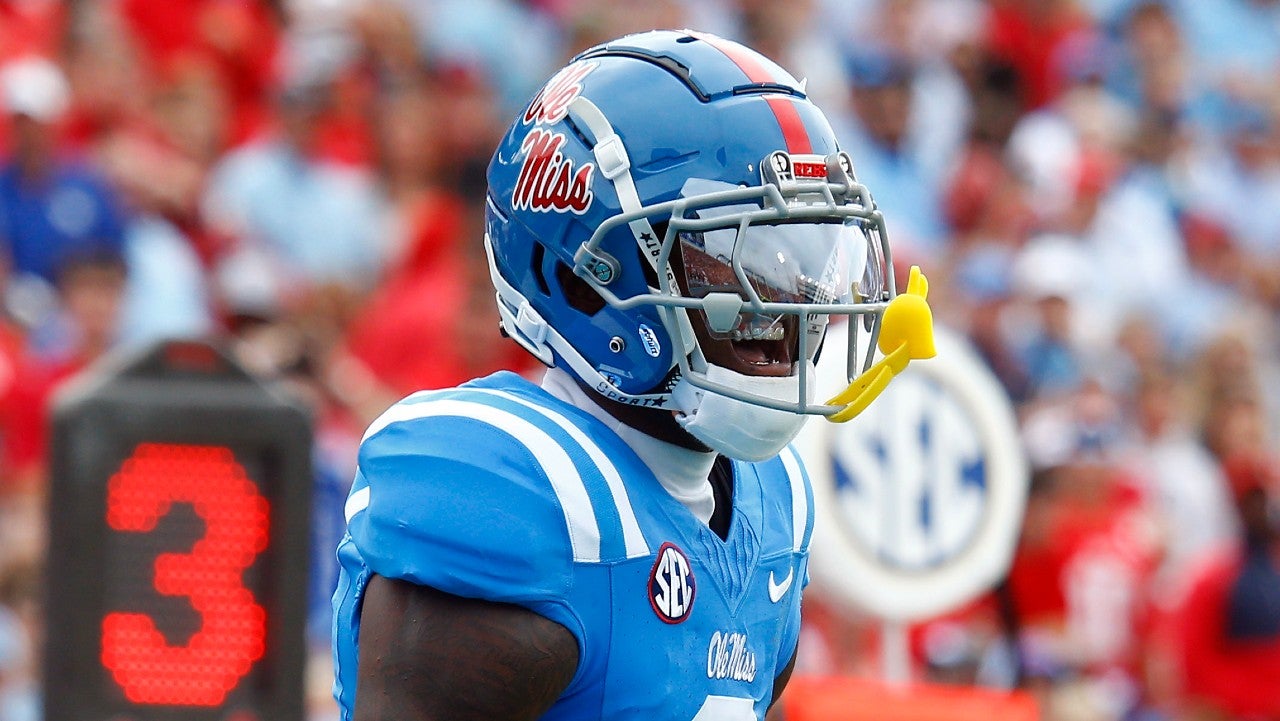 Sep 28, 2024; Oxford, Mississippi, USA; Mississippi Rebels defensive back Trey Amos (9) reacts after a pass breakup during the first half against the Kentucky Wildcats at Vaught-Hemingway Stadium.