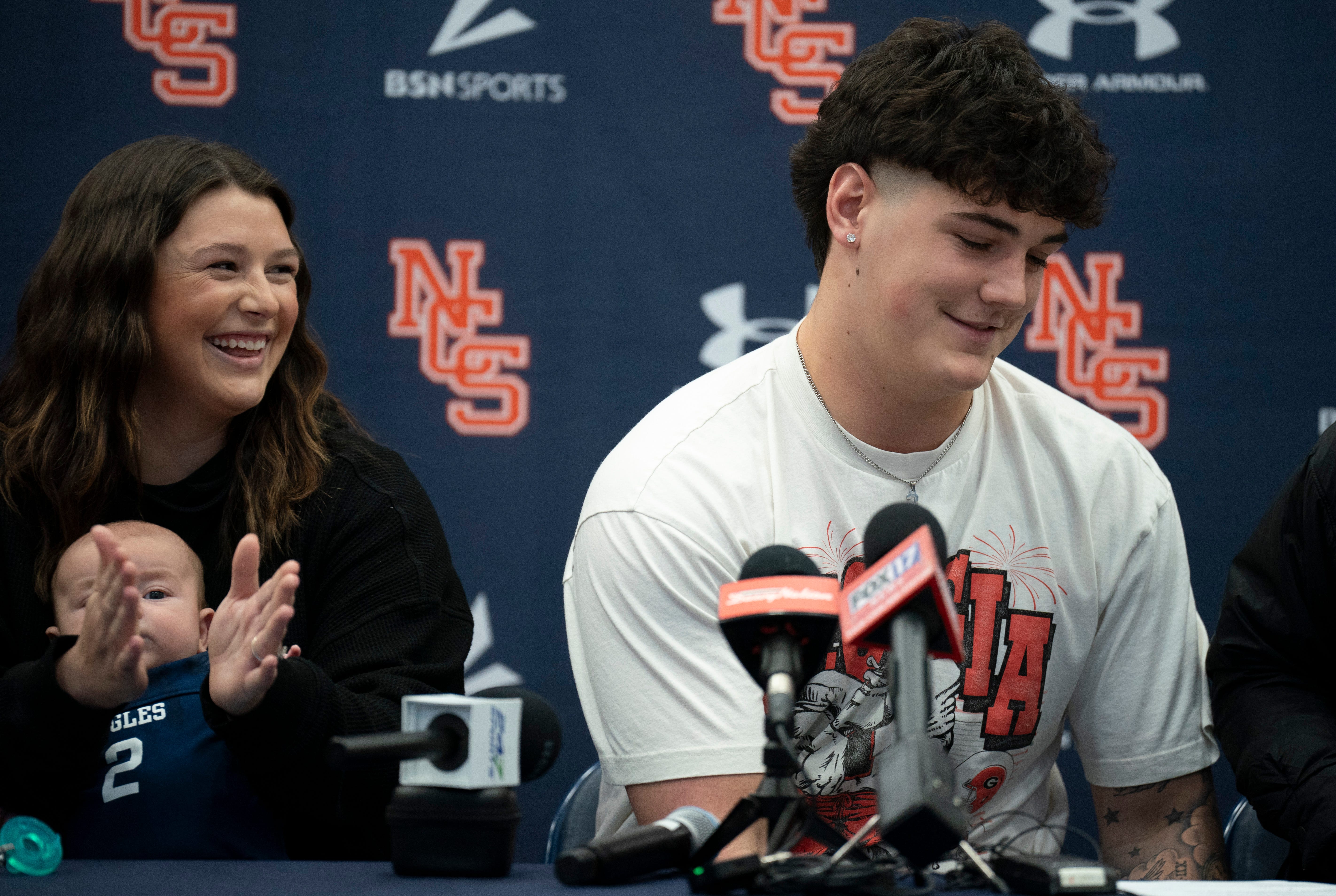 Nashville Christian's five-star quarterback Jared Curtis announces his decision to sign with Georgia with his family at his side at Nashville Christian School in Nashville, Tenn., Monday, May 5, 2025.