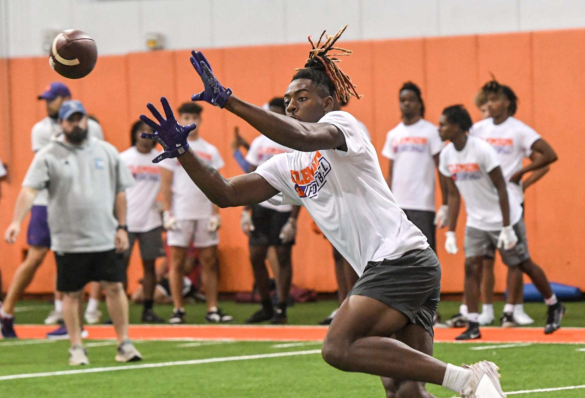 Cederian Morgan, Class of 2026 wide receiver of Benjamin Russell High school in Alexander City, Alabama, catches a ball during the 2024 Dabo Swinney Football Camp in Clemson in Clemson June 5, 2024. Morgan, 38th overall ranked in the ESPN300 2026 recruiting ranking list, announced on social media X (formerly known as Twitter) Clemson offered him June 5, 2024.