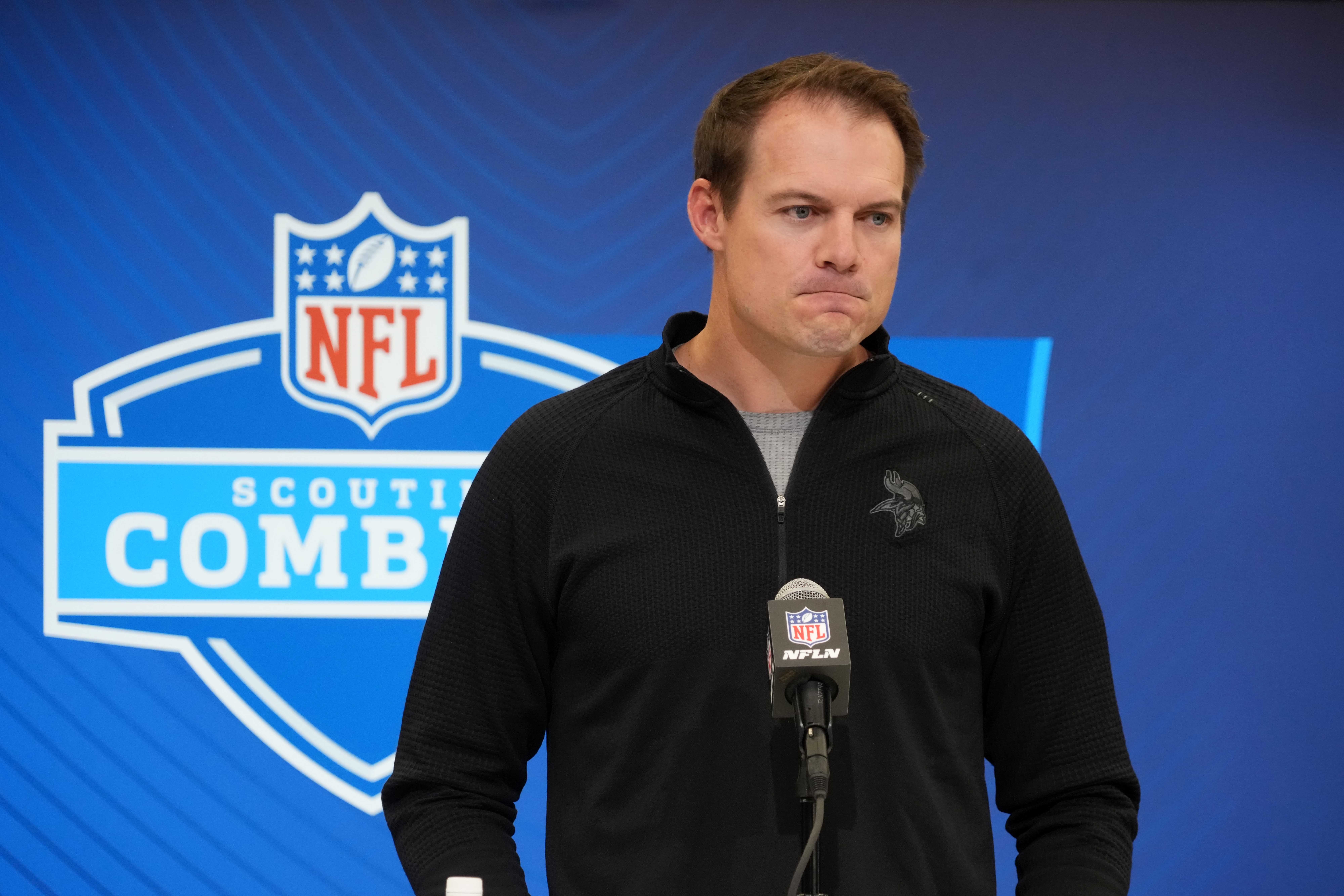 Feb 25, 2025; Indianapolis, IN, USA; Minnesota Vikings coach Kevin O'Connell speaks during the NFL Scouting Combine at the Indiana Convention Center.