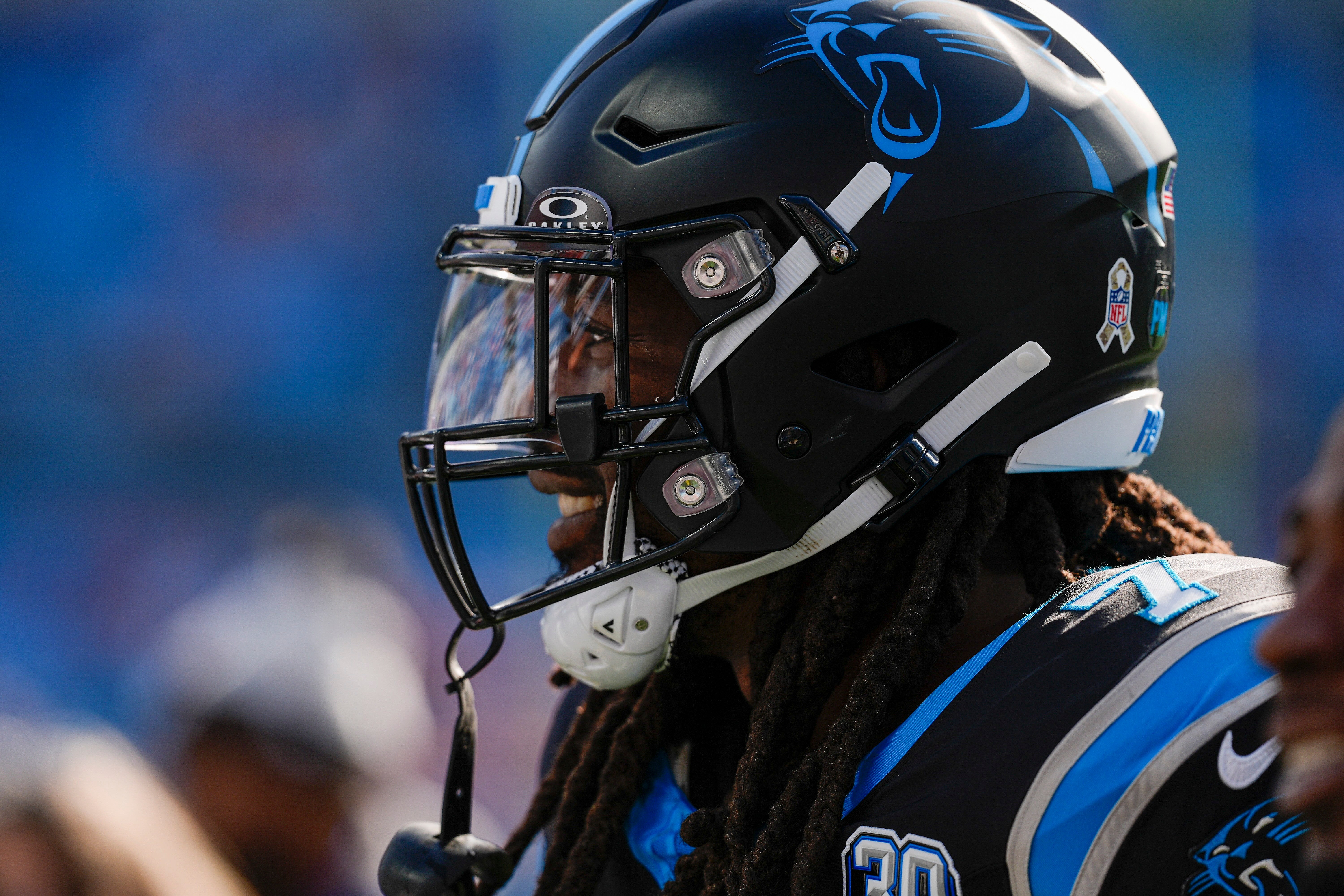 Nov 24, 2024; Charlotte, North Carolina, USA; Carolina Panthers linebacker Jadeveon Clowney (7) during the first quarter against the Kansas City Chiefs at Bank of America Stadium.