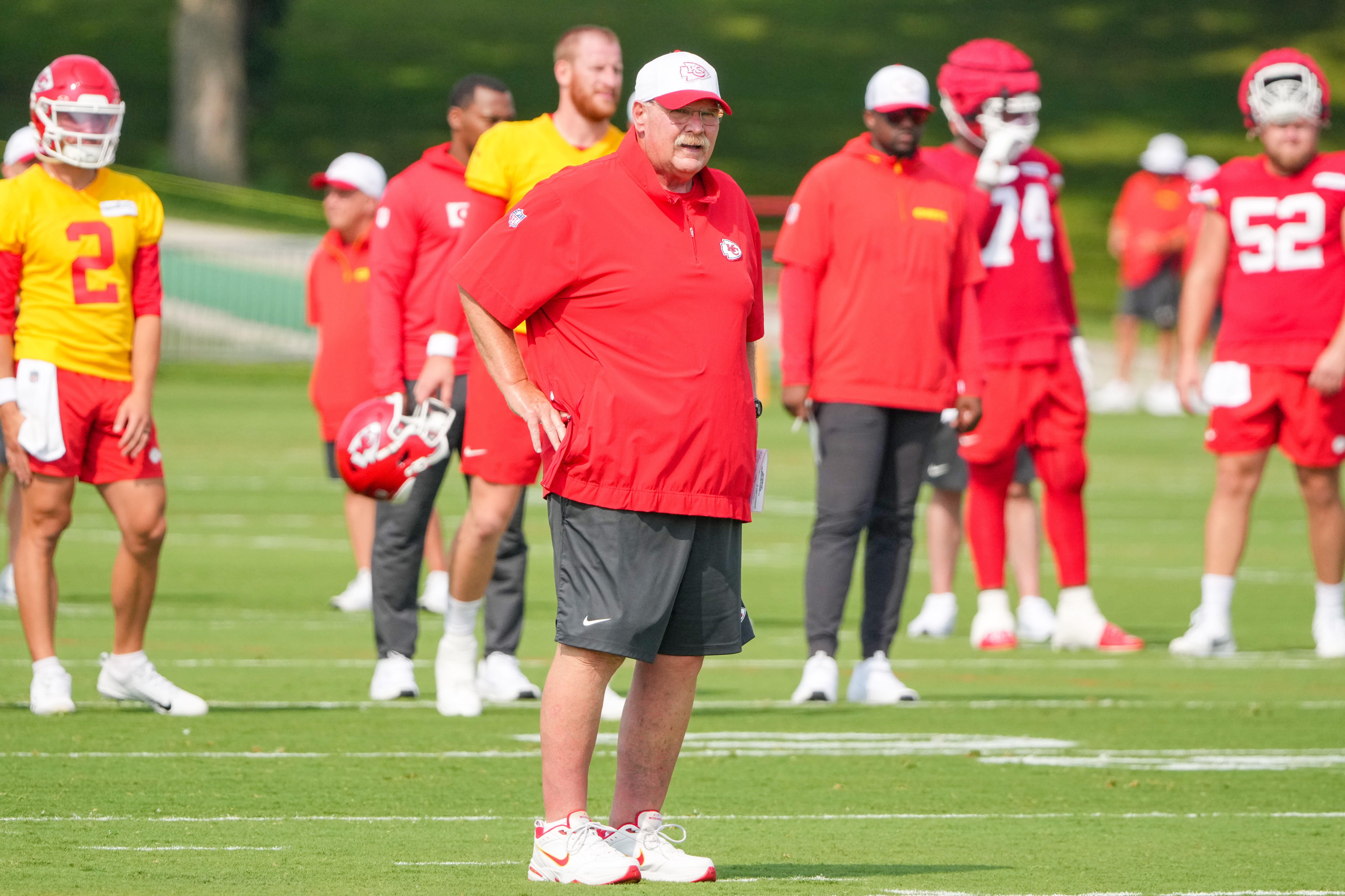 Kansas City Chiefs head coach Andy Reid looks on during training camp at Missouri Western State University.