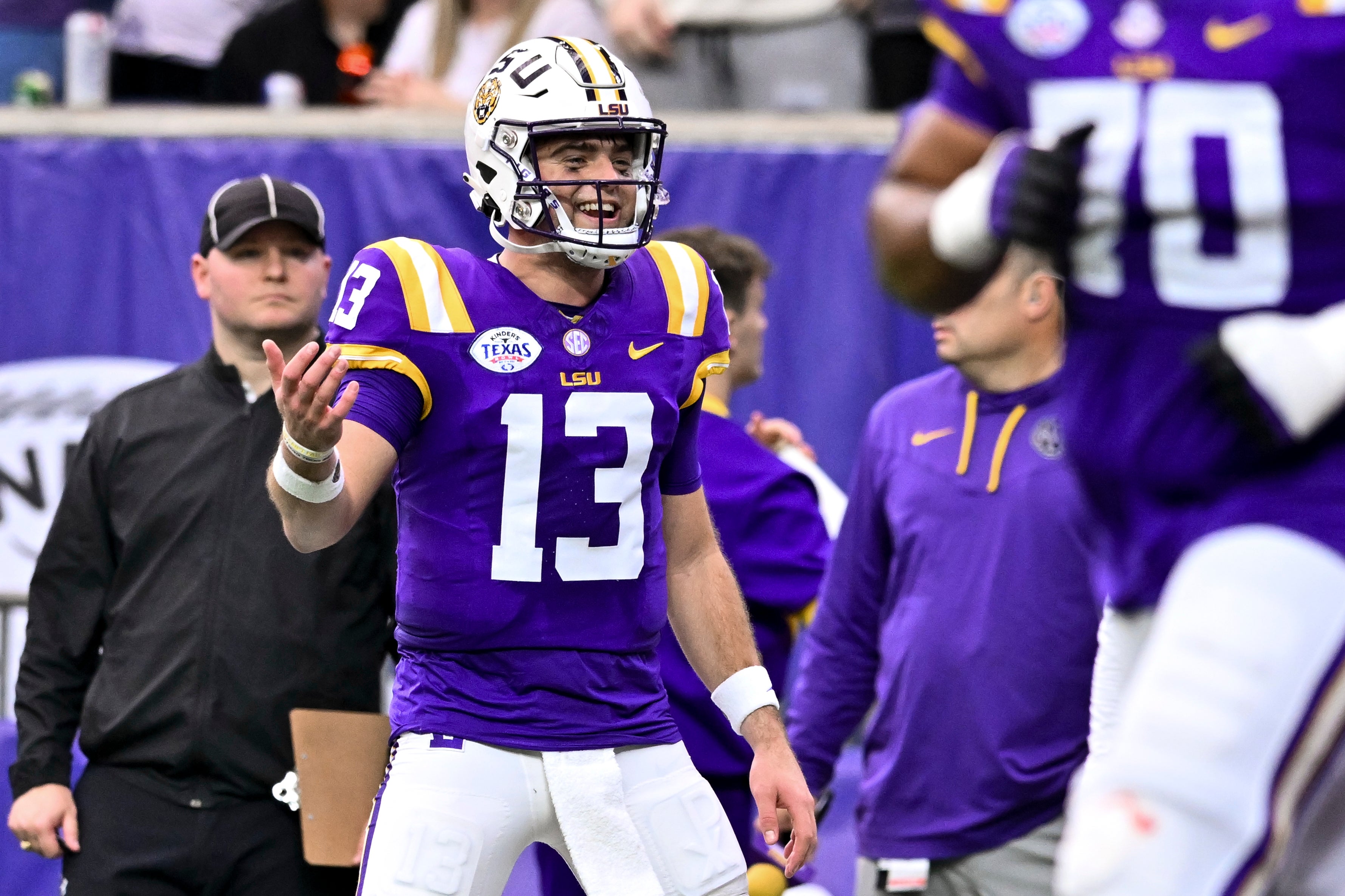 Garrett Nussmeier, QB LSU Tigers celebrates a play in the bowl game against Baylor.