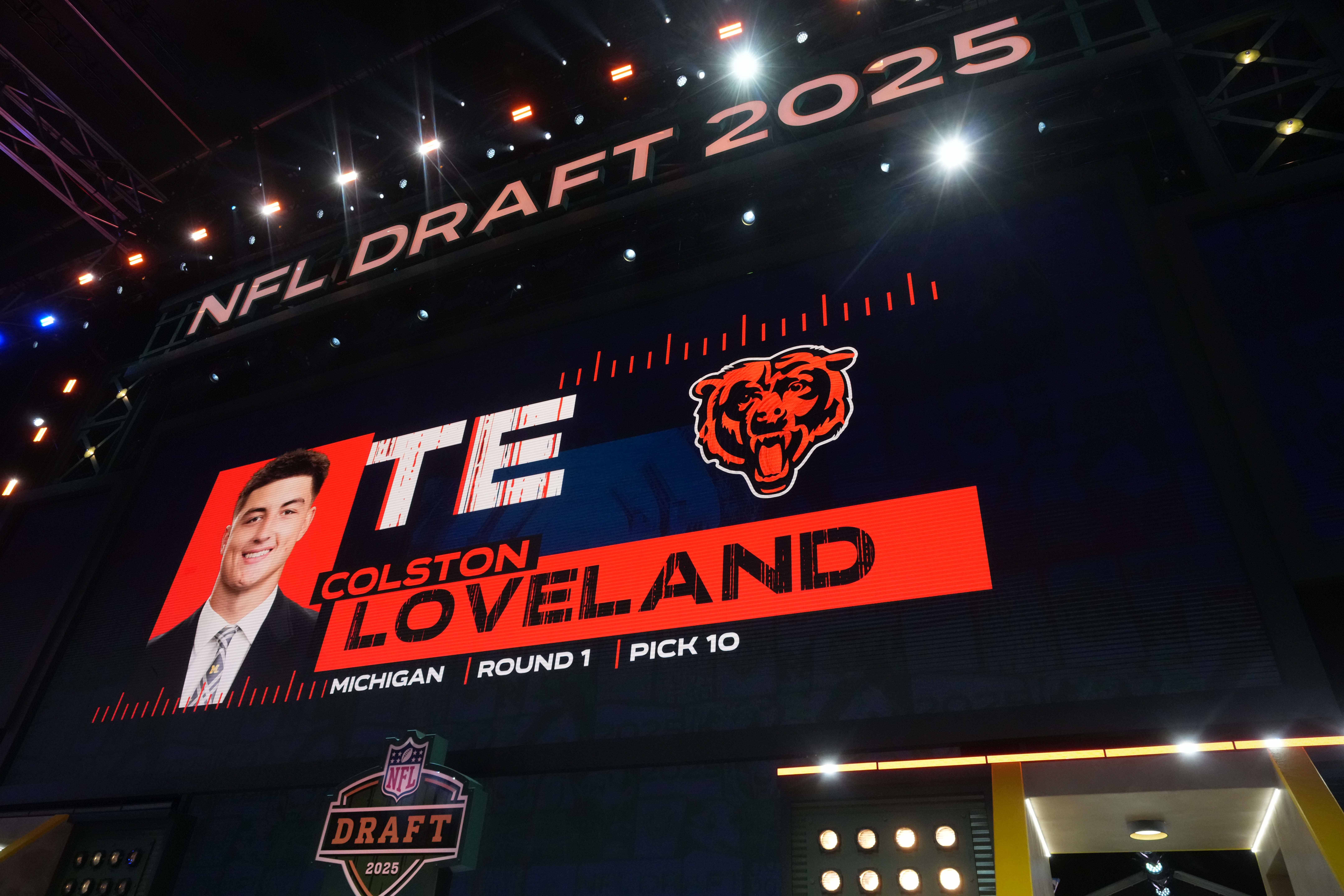 Apr 24, 2025; Green Bay, WI, USA; Michigan Wolverines tight end Colston Loveland is selected as the No. 10 pick during the NFL Draft at Lambeau Field.
