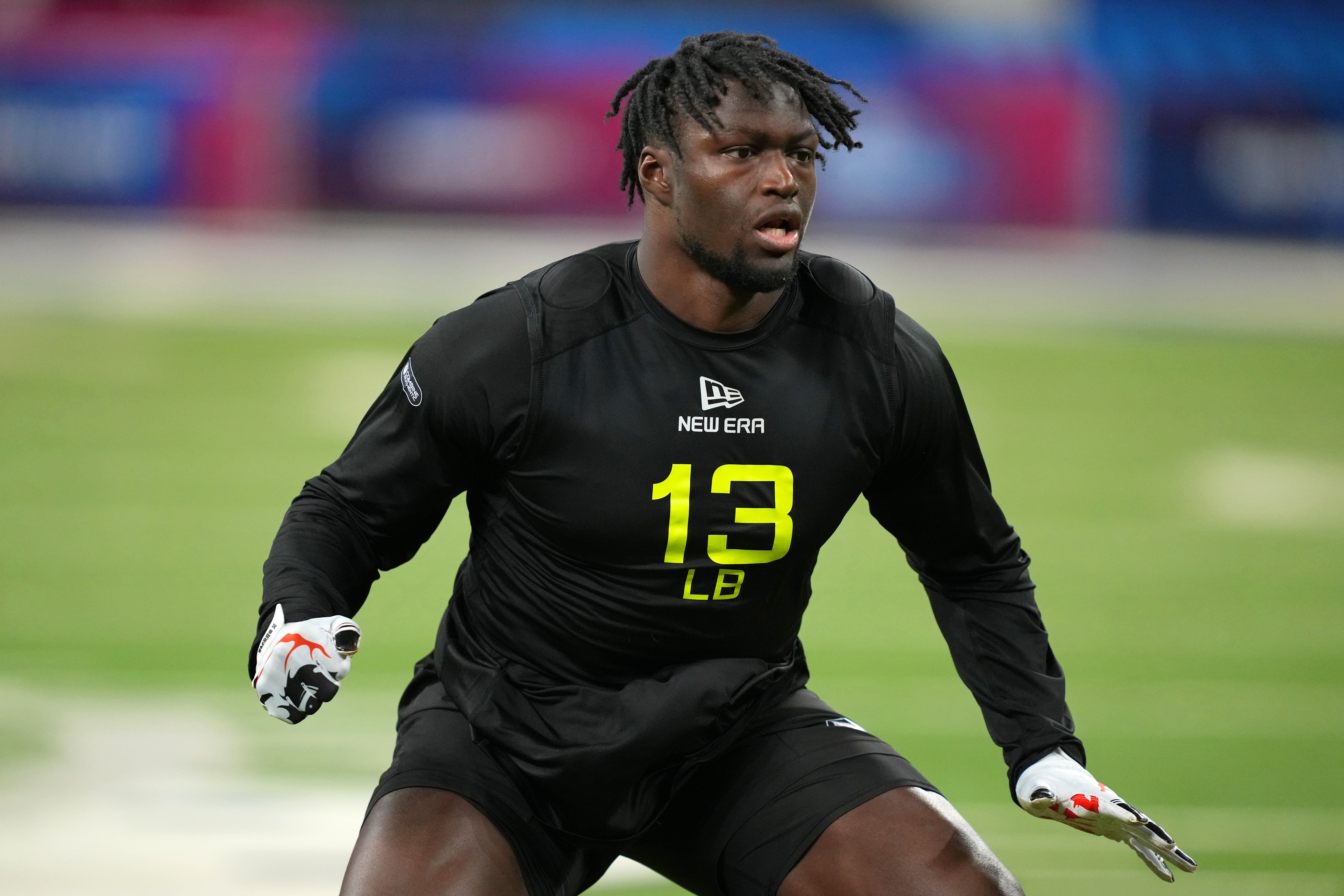Feb 27, 2025; Indianapolis, IN, USA; South Carolina linebacker Demetrius Knight (LB13) participates in drills during the 2025 NFL Combine at Lucas Oil Stadium.
