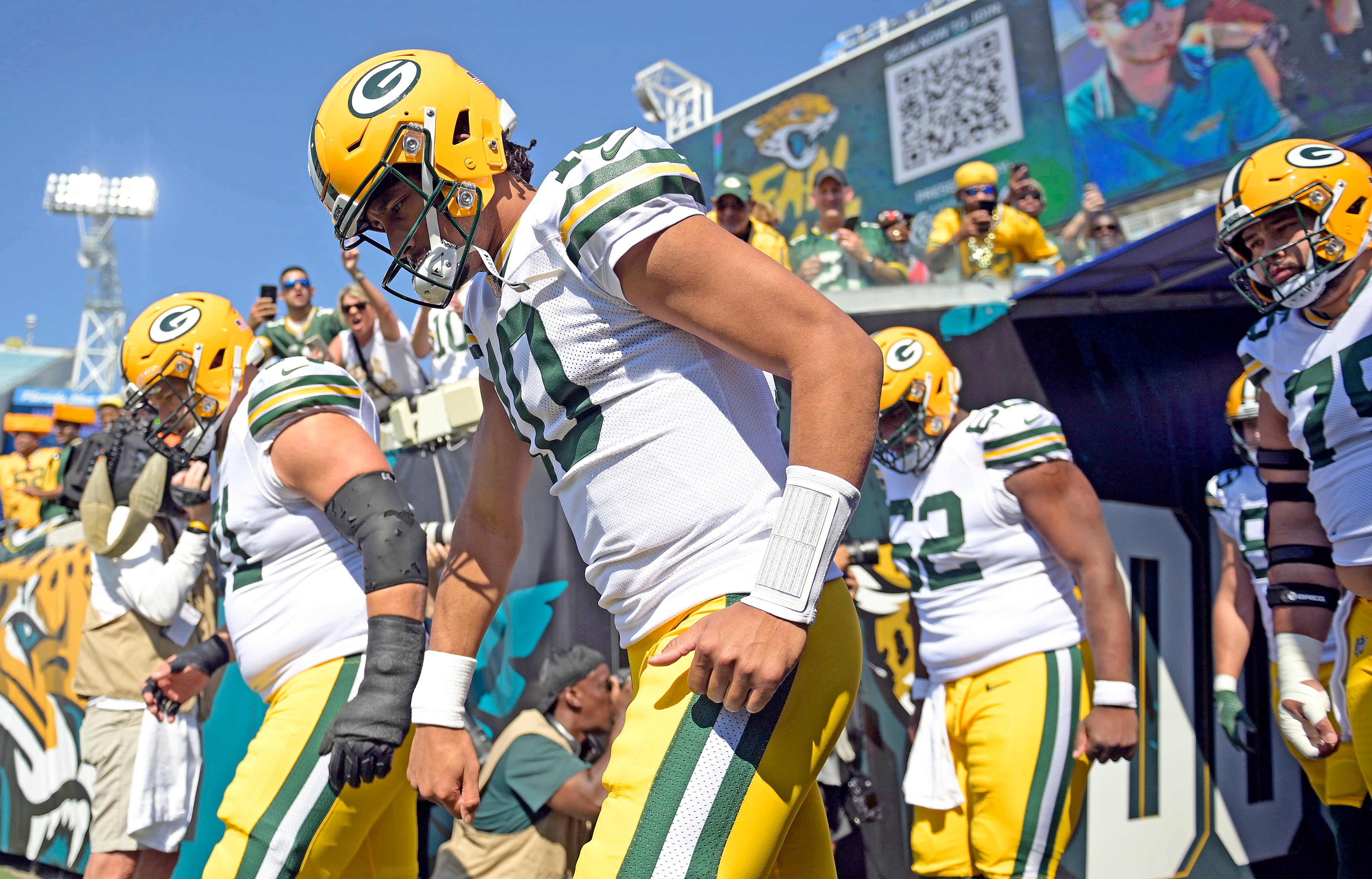 Green Bay Packers quarterback Jordan Love (10) takes the field before the game against the Jacksonville Jaguars at EverBank Stadium.