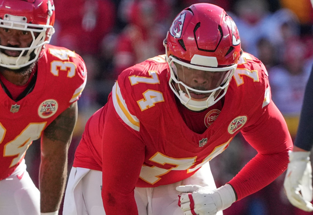 Nov 10, 2024; Kansas City, Missouri, USA; Kansas City Chiefs offensive tackle Jawaan Taylor (74) at the line of scrimmage against the Denver Broncos during the game at GEHA Field at Arrowhead Stadium.