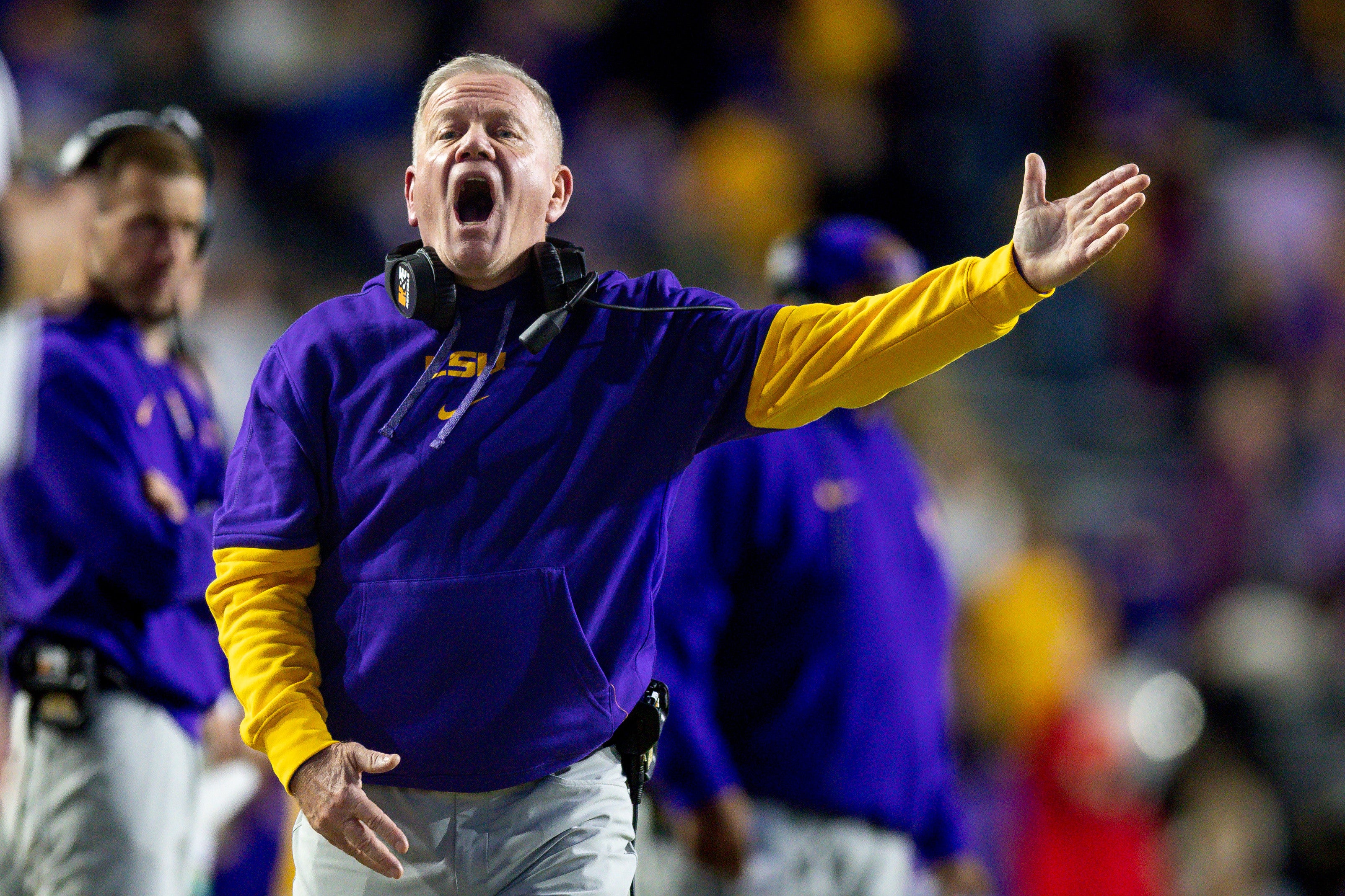 Nov 23, 2024; Baton Rouge, Louisiana, USA; LSU Tigers head coach Brian Kelly reacts to a play against the Vanderbilt Commodores during the second half at Tiger Stadium.