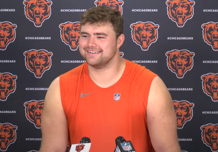Bears rookie Ozzy Trapilo speaks with reporters after the first day of rookie minicamp.