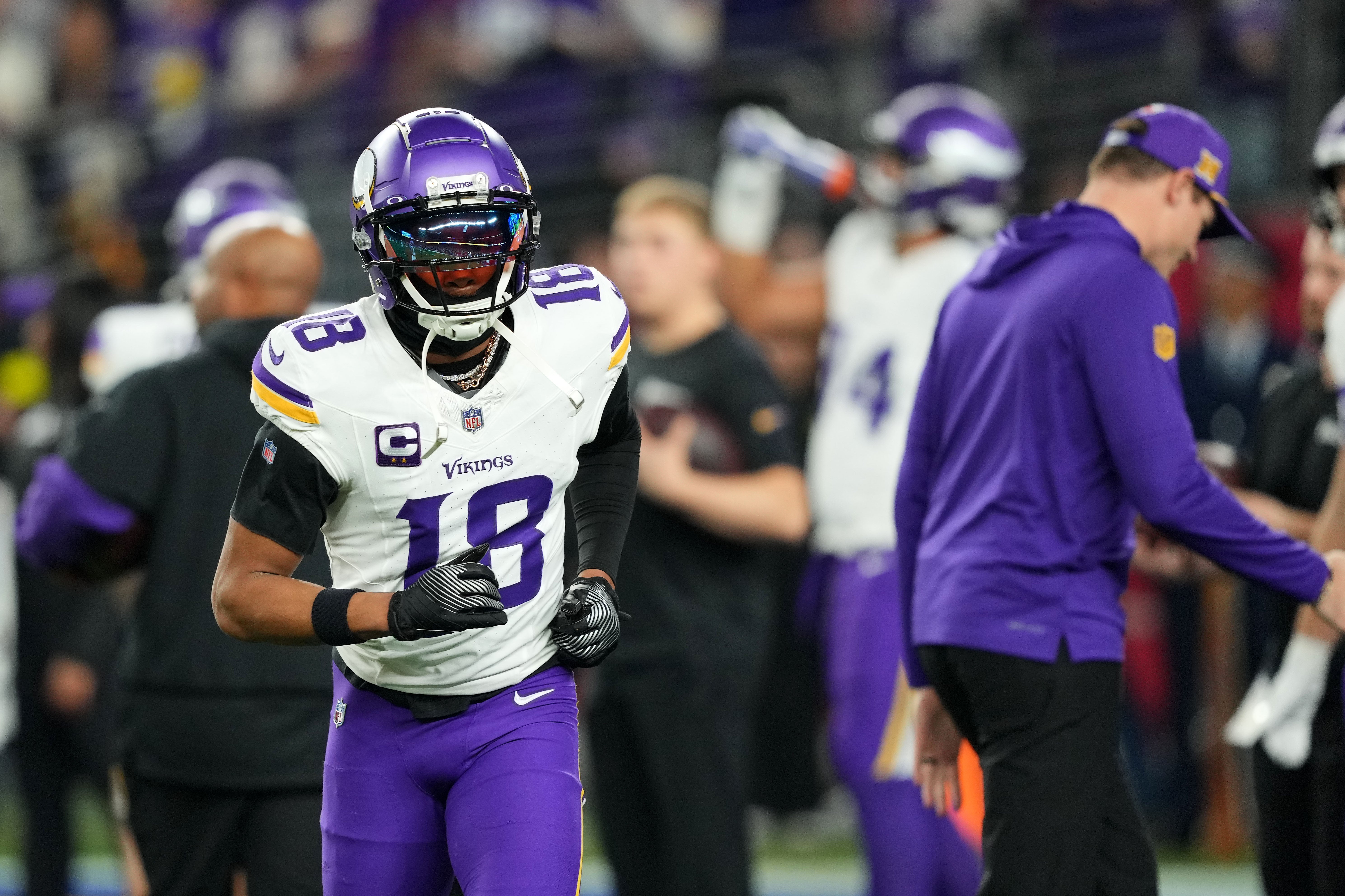 Jan 13, 2025; Glendale, AZ, USA; Minnesota Vikings wide receiver Justin Jefferson (18) practices before the NFC wild card game against the Los Angeles Rams at State Farm Stadium.