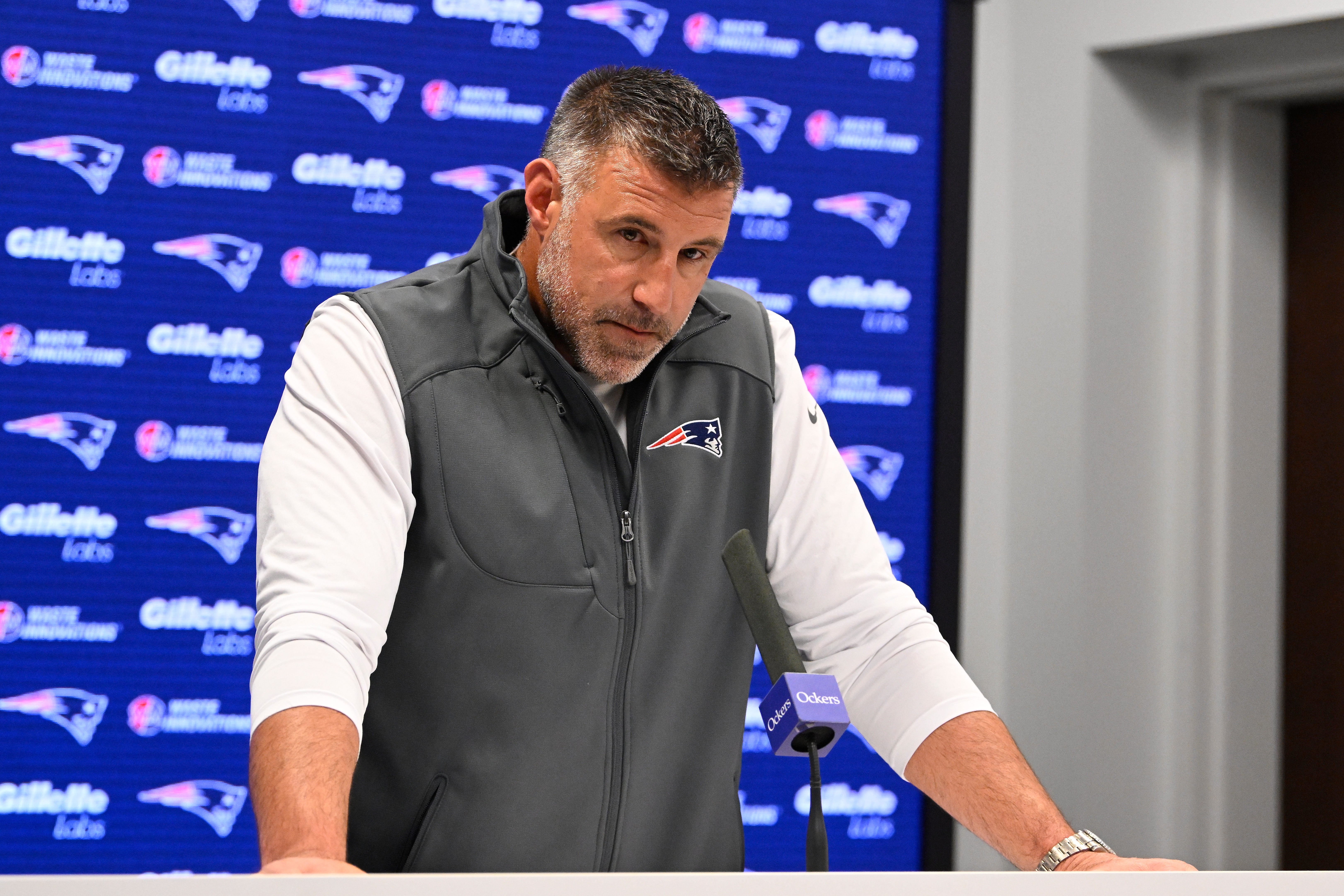 May 9, 2025; Foxborough, MA, USA; New England Patriots head coach Mike Vrabel speaks the to media during a press conference at Gillette Stadium. Mandatory Credit: Eric Canha-Imagn Images