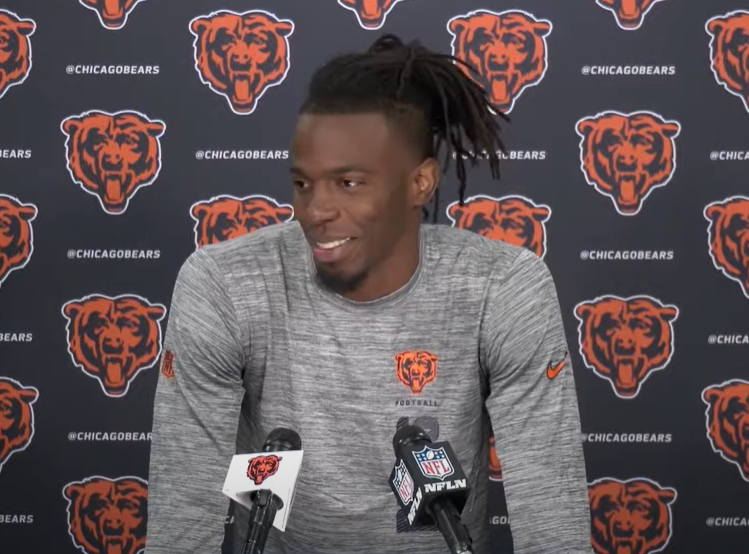 Zah Frazier addresses the media at Halas Hall.