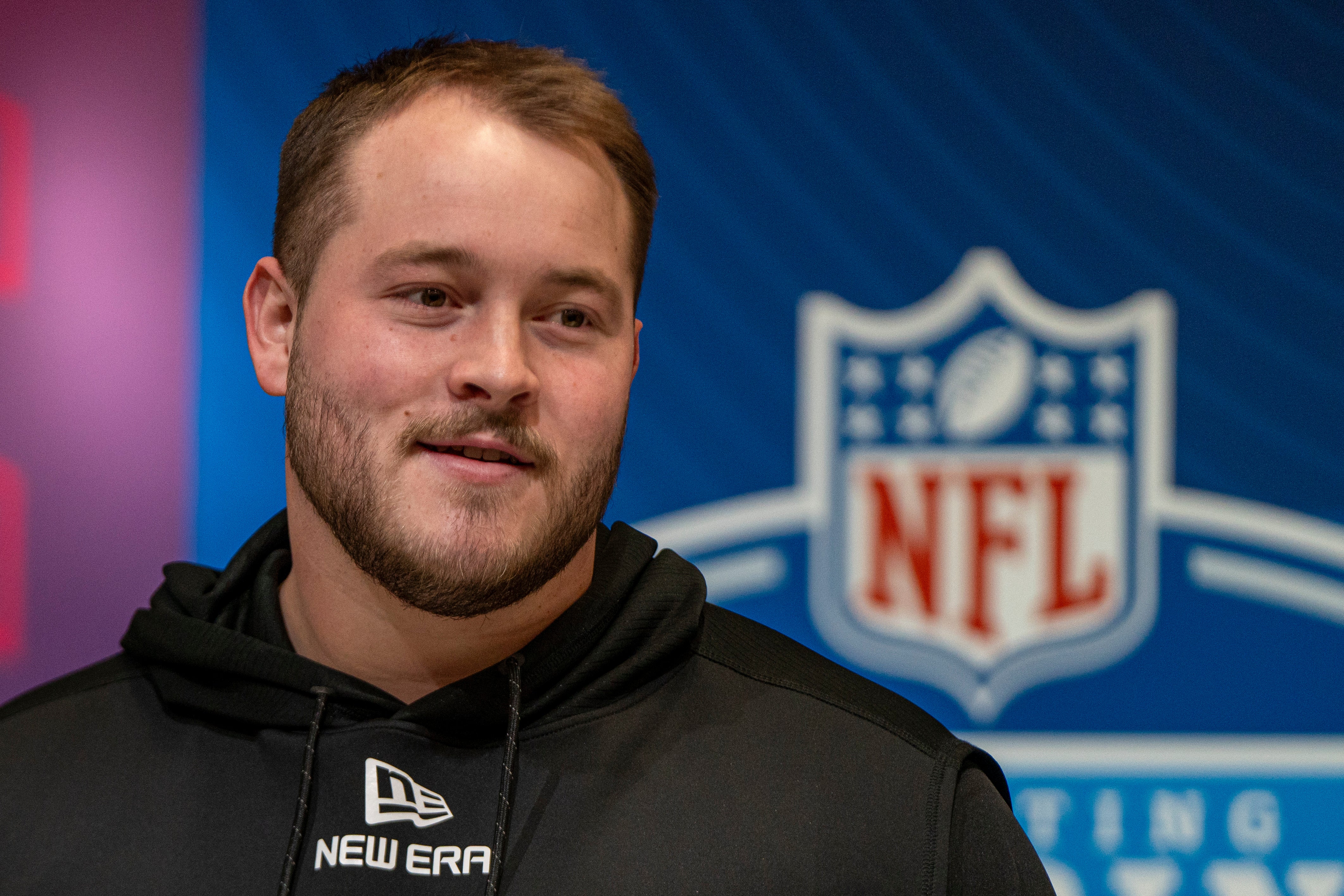 Mar 1, 2025; Indianapolis, IN, USA; Ohio State University offensive lineman Seth Mclaughlin answers questions at a press conference during the 2025 NFL Combine at Indiana Convention Center.