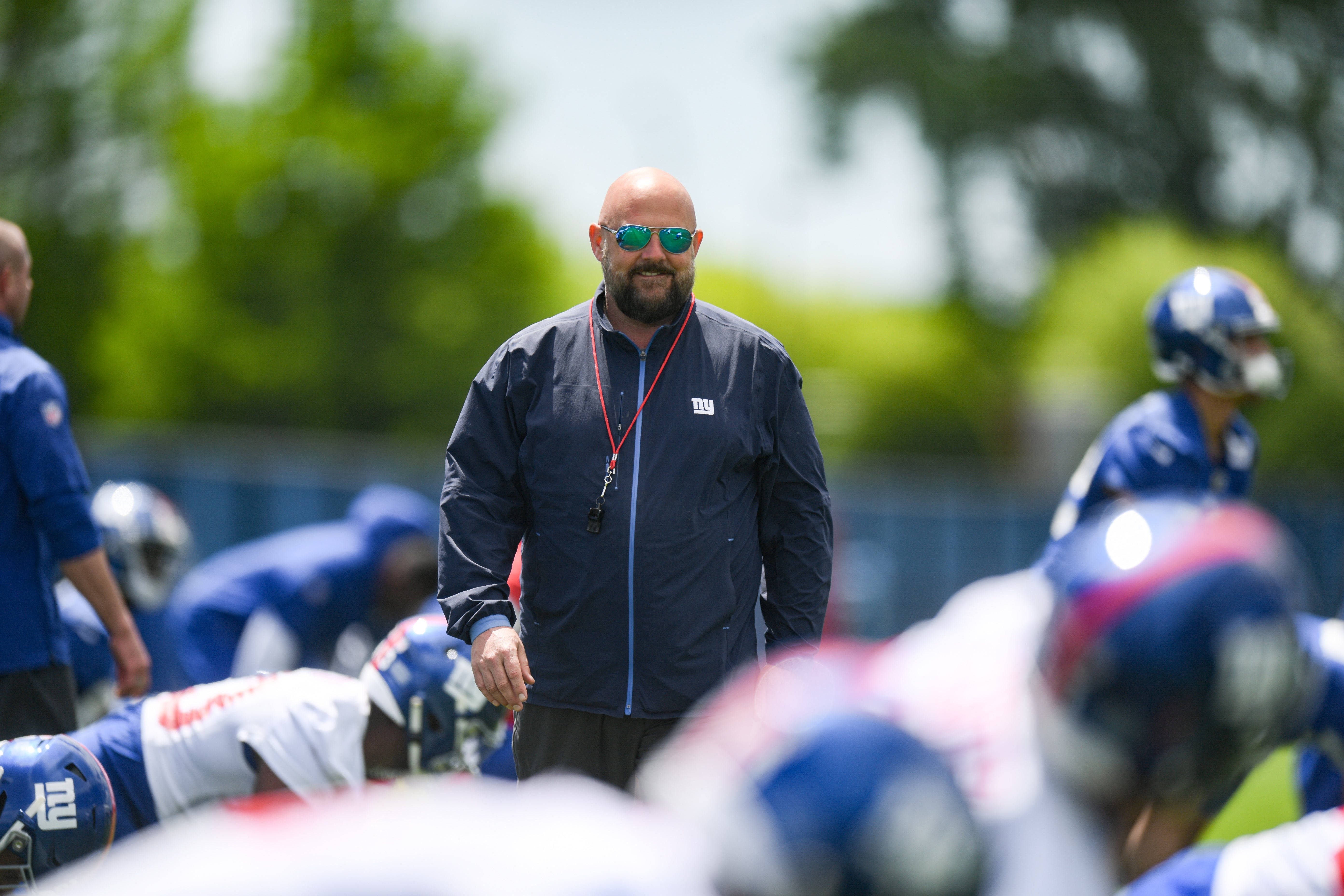 May 10, 2025; East Rutherford, NJ, USA; New York Giants head coach Brian Daboll looks on during rookie minicamp at Quest Diagnostics Training Center.