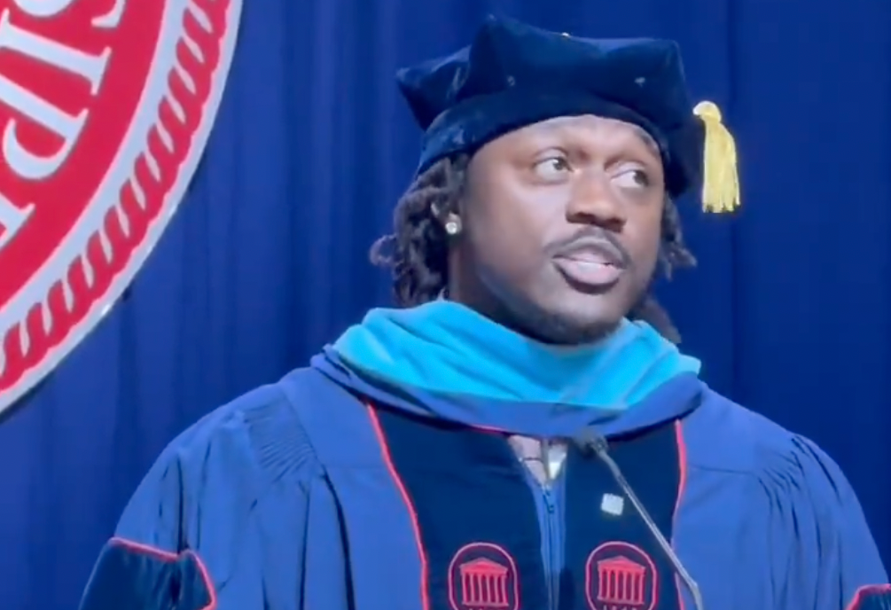 Philadelphia Eagles star wide receiver AJ Brown speaks during Ole Miss graduation ceremony