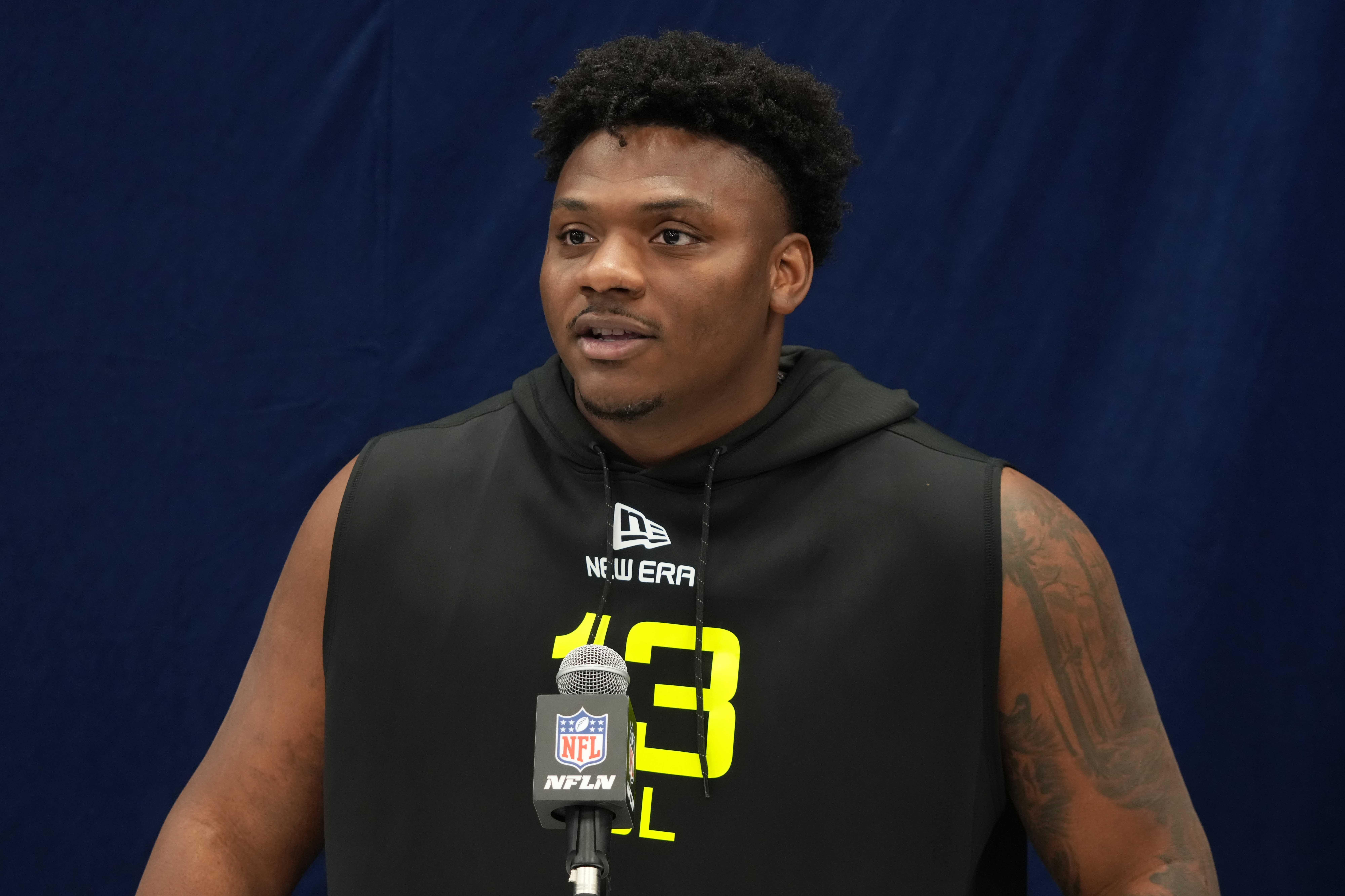Feb 26, 2025; Indianapolis, IN, USA; Arkansas defensive lineman Eric Gregory (DL13) during the 2025 NFL Scouting Combine at the Indiana Convention Center.