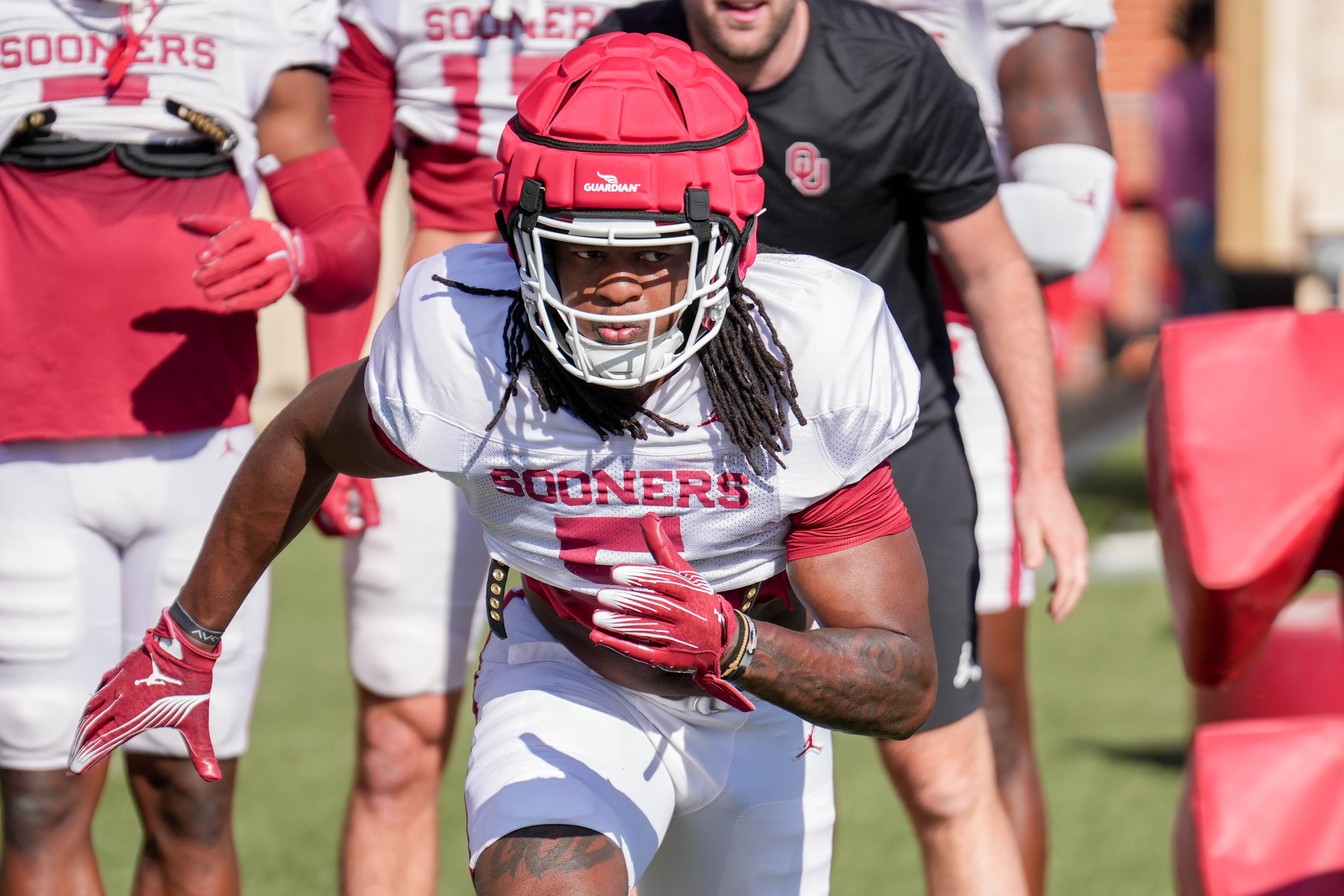 Kendal Daniels (5) runs drills during an Oklahoma (OU) football practice at the Gaylord Family Oklahoma Memorial Stadium in Norman, Okla., on Tuesday, March 25, 2025.