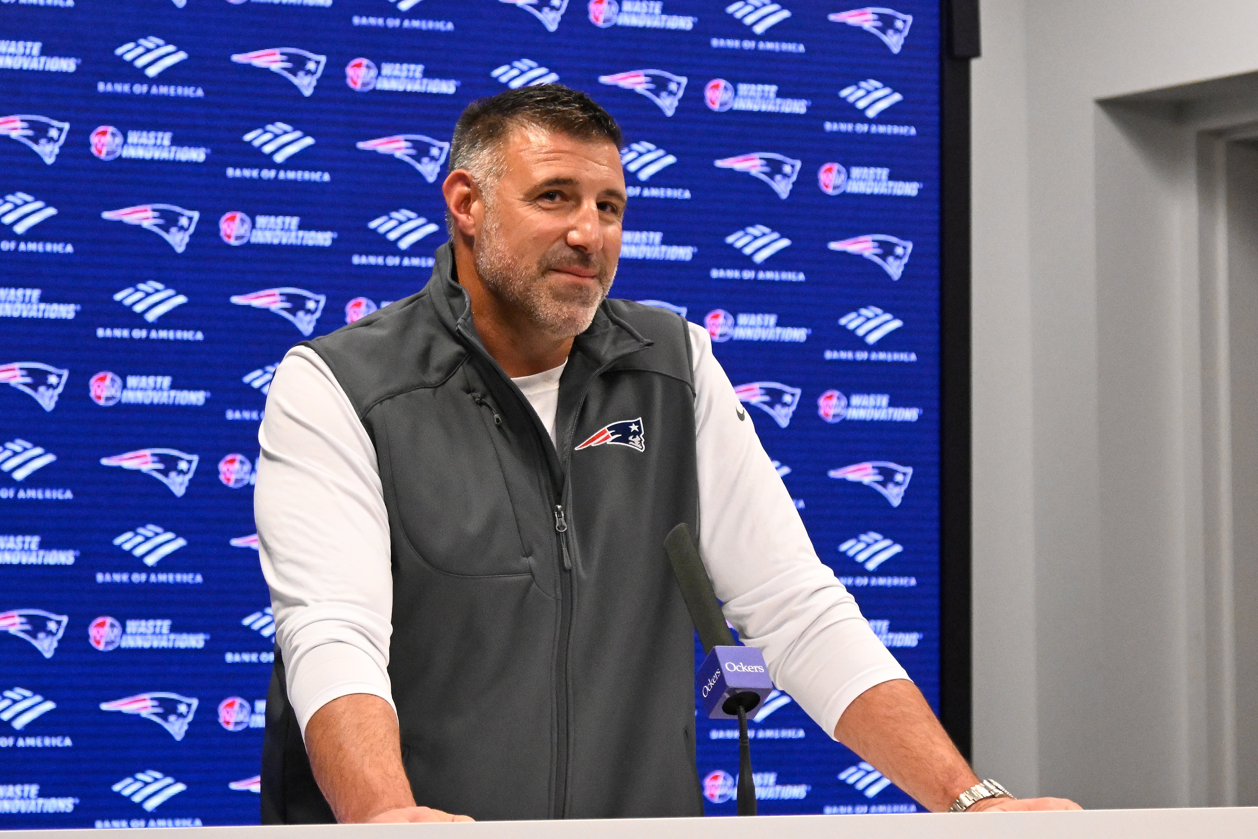 May 9, 2025; Foxborough, MA, USA; New England Patriots head coach Mike Vrabel speaks the to media during a press conference at Gillette Stadium. M