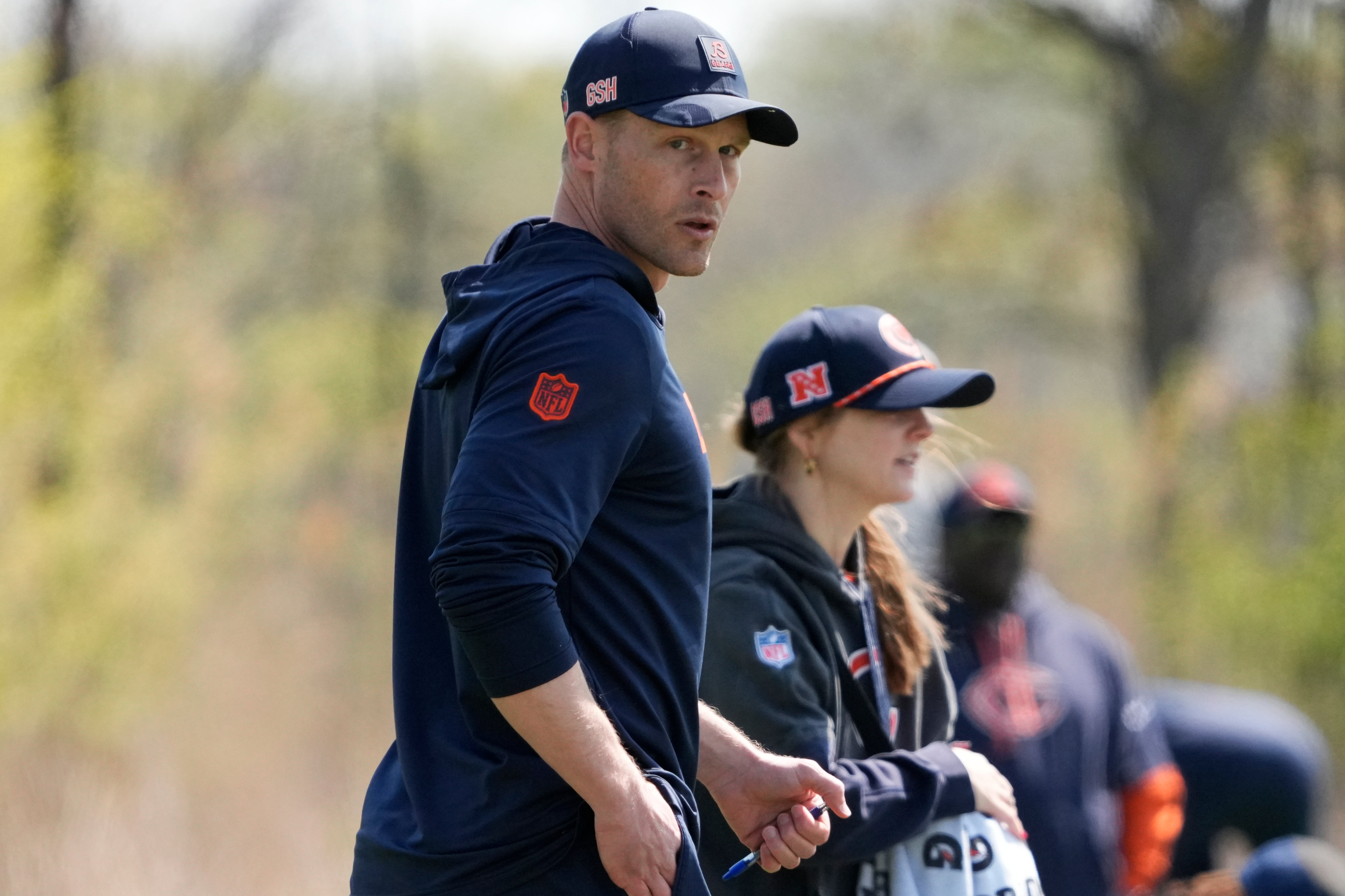 May 10, 2025; Lake Forest, IL, USA; Chicago Bears head coach Ben Johnson walks the field during rookie minicamp at Halas Hall.