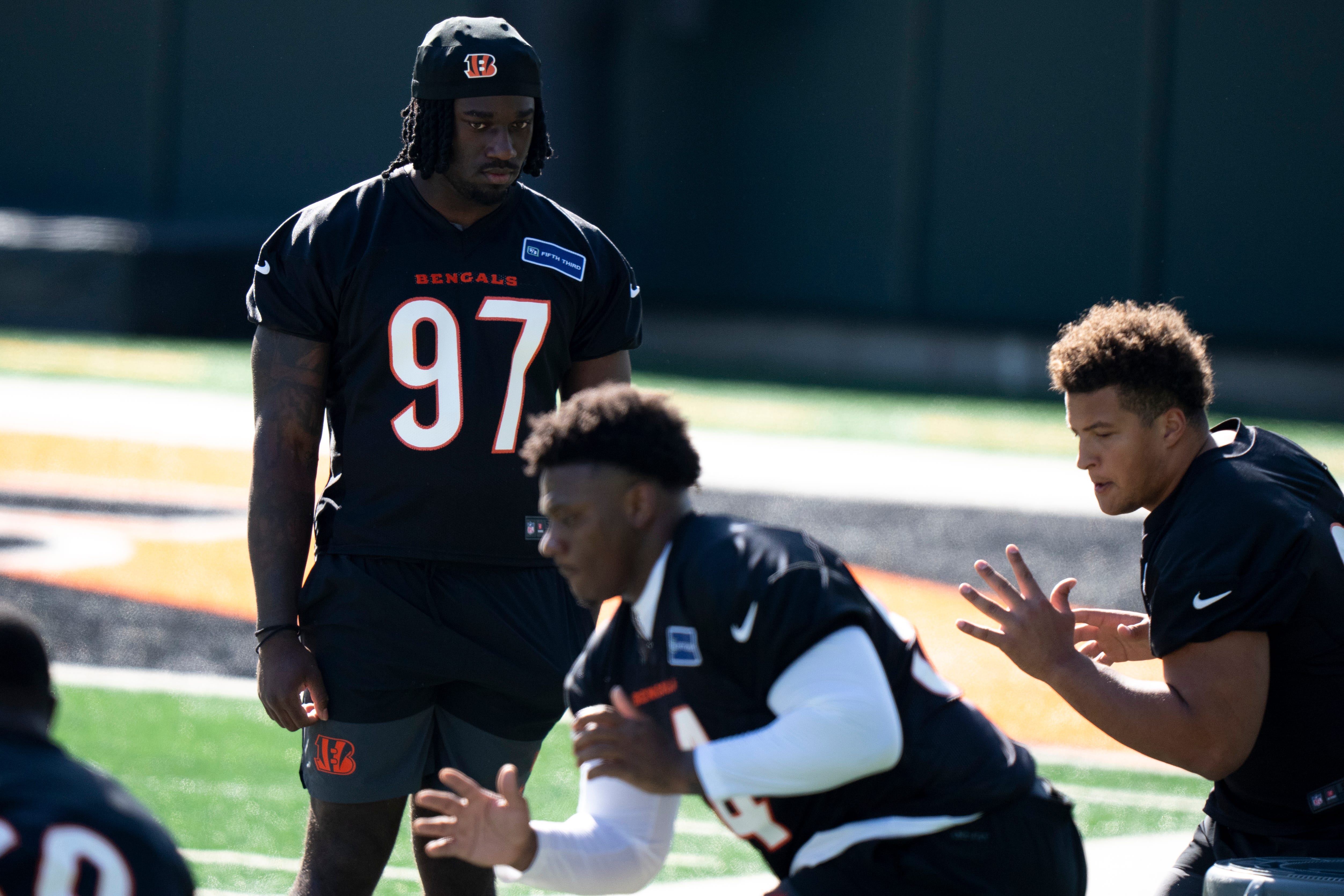 Bengals defensive end Shemar Stewart looks on during the Bengals Rookie Mini Camp on Friday, May 9, 2025 at Paycor Stadium in Cincinnati.