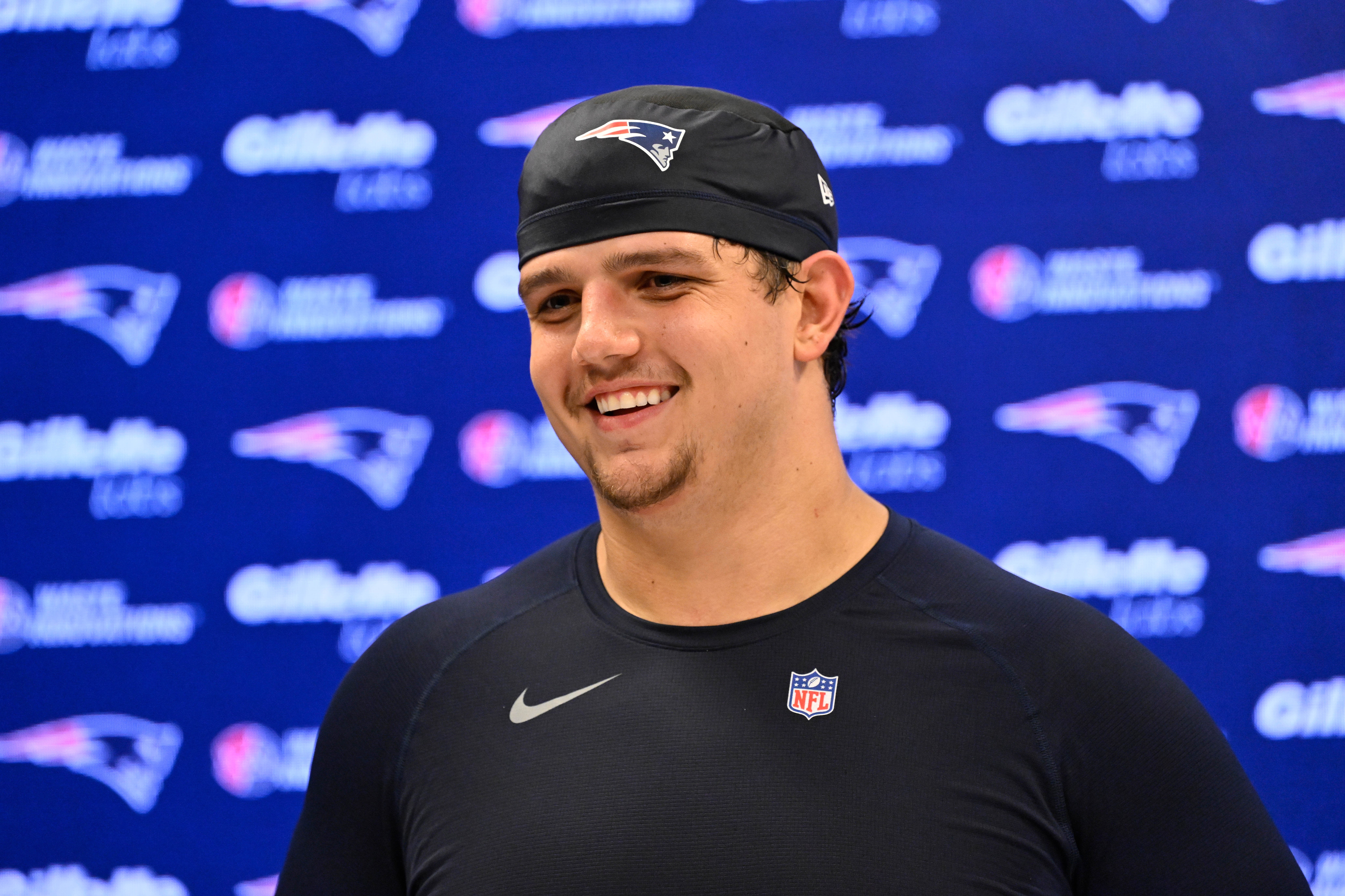May 9, 2025; Foxborough, MA, USA; New England Patriots offensive tackle Will Campbell (66) speaks to the media after rookie camp at Gillette Stadium